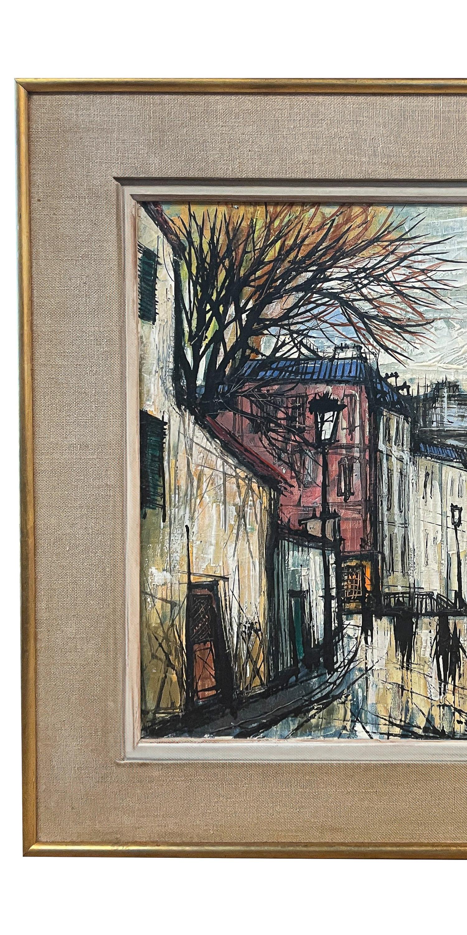 Französische expressionistische Pariser Straßenszene, Öl auf Leinwand, Mitte des Jahrhunderts, signiert mit dem Titel (Expressionismus), Painting, von Renee Bernard
