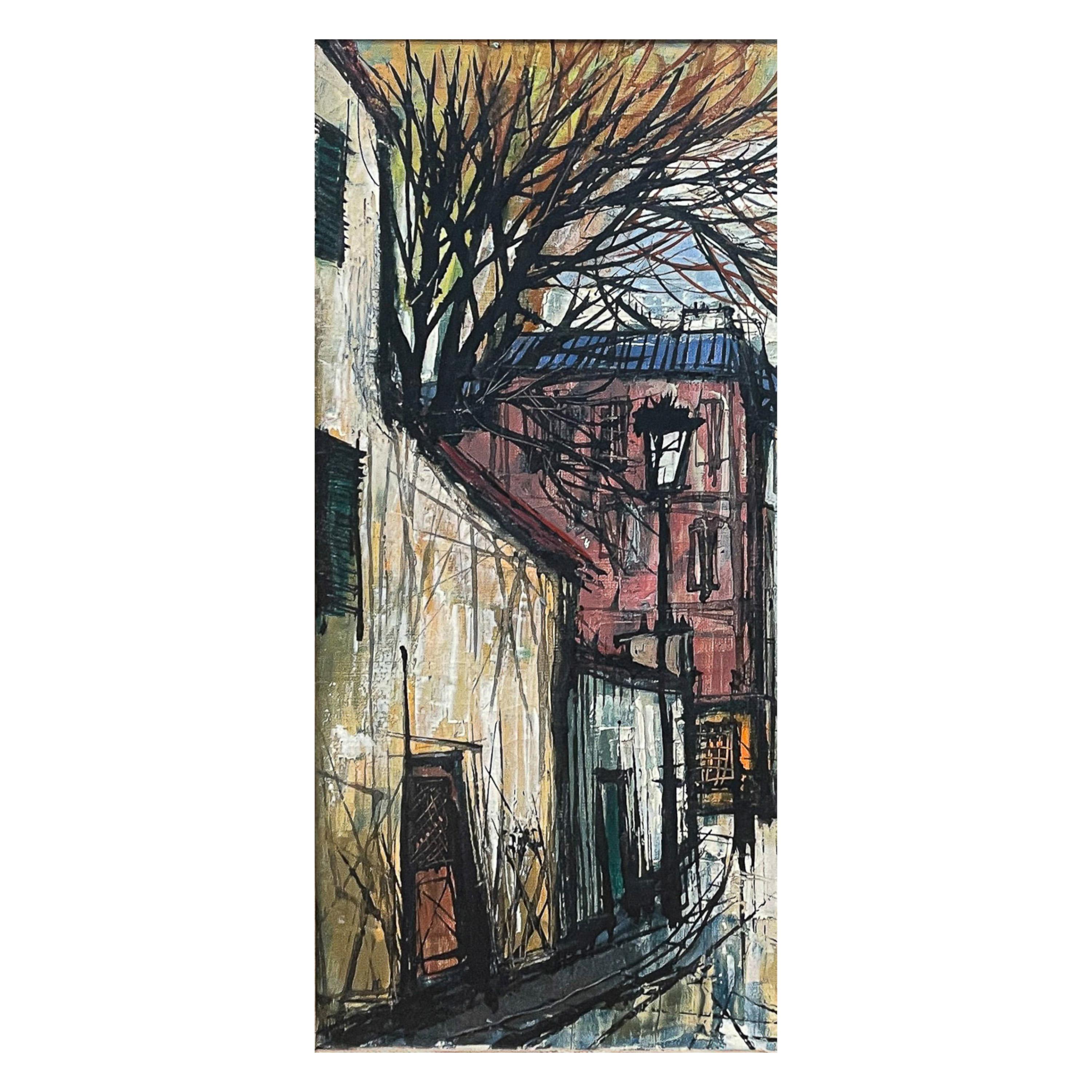 Ein gutes französisches expressionistisches Ölgemälde auf Leinwand aus der Mitte des Jahrhunderts von der berühmten französischen Künstlerin Renée Bernard (1906-2004), eine Straßenszene in Paris, um 1960.
Eine sehr gute Mitte des Jahrhunderts