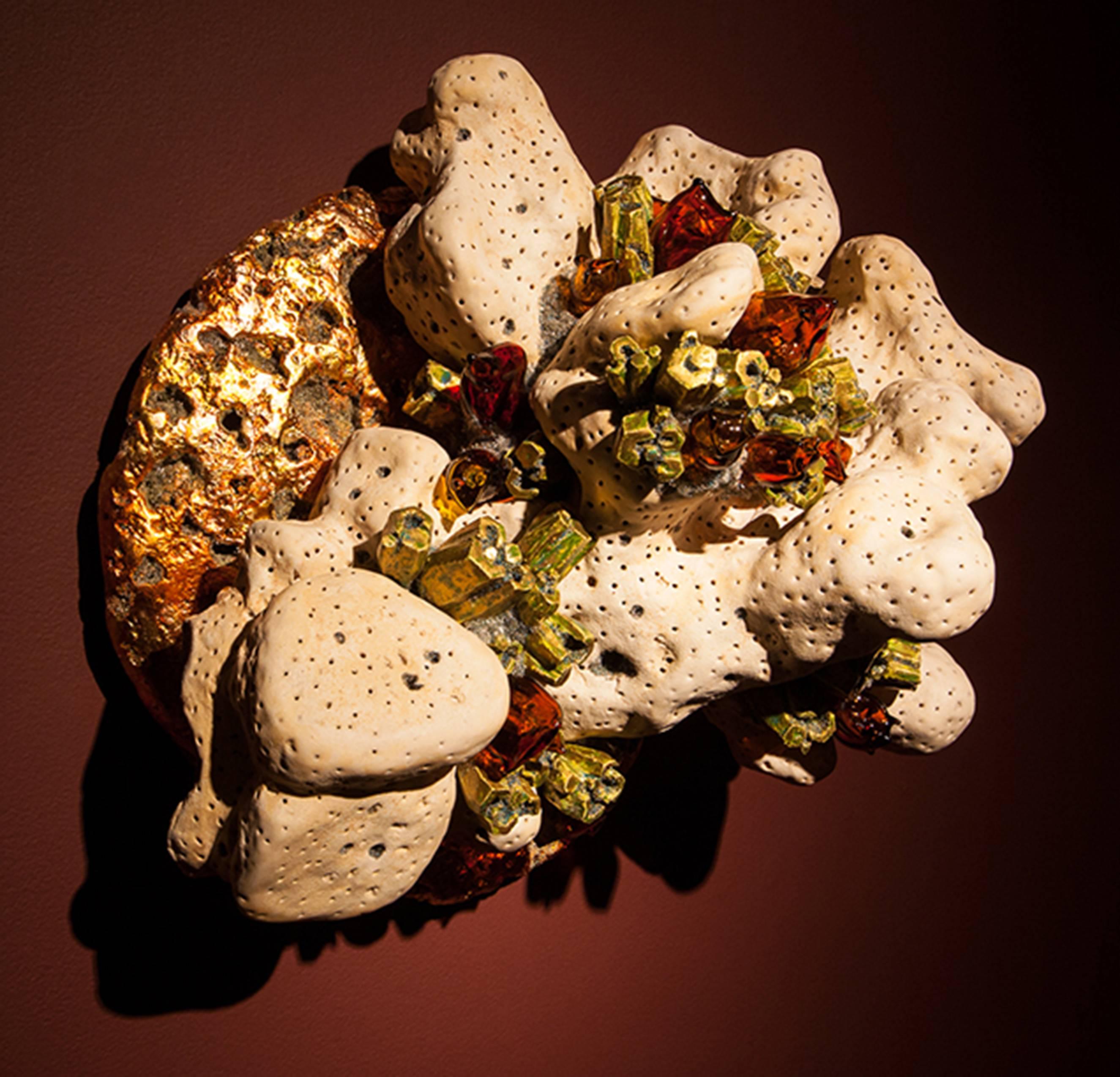 Petrified Coral, Pyromorphite, Amberite, Copper Cabochon - Sculpture by Renee Brown