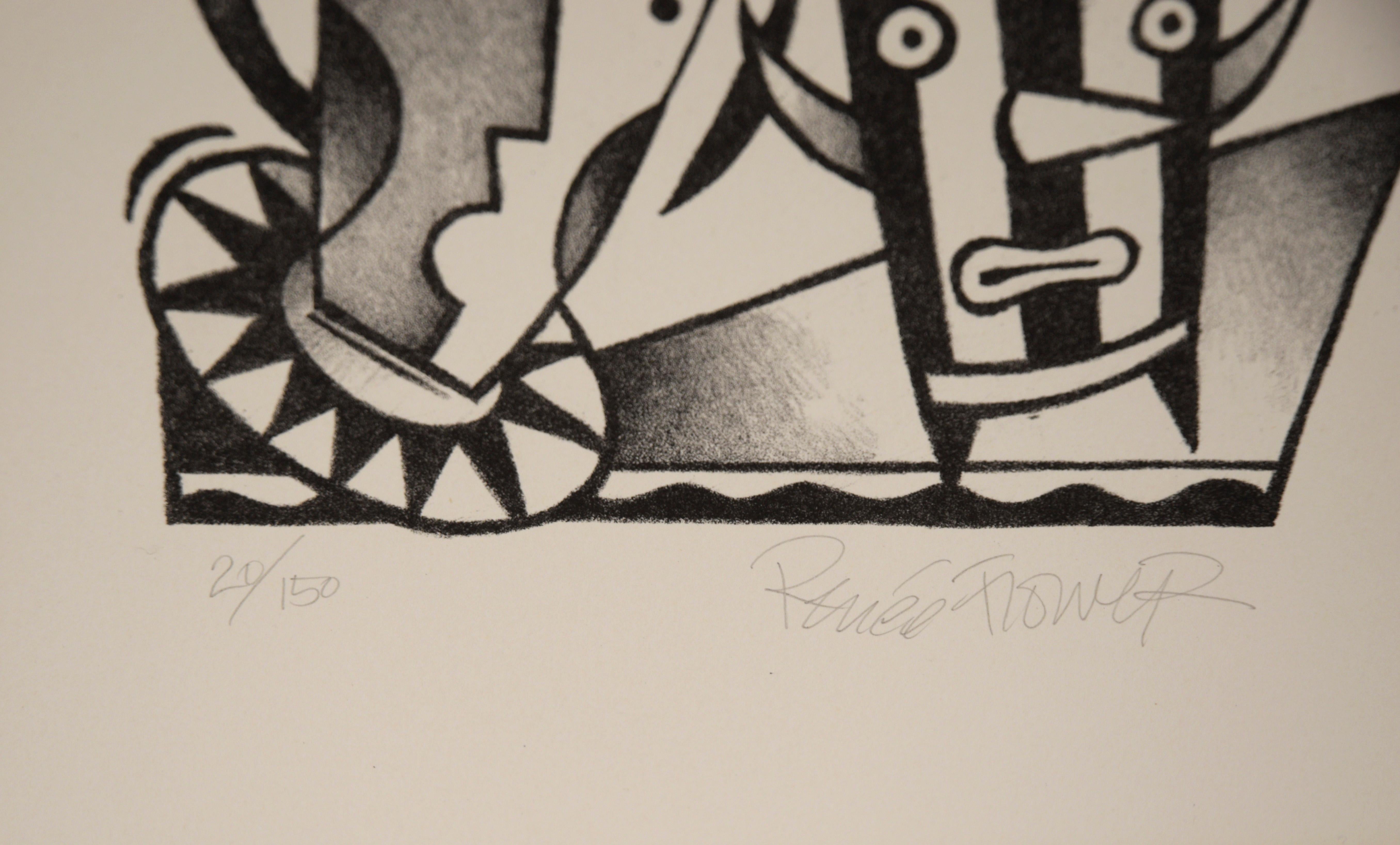 Morning Madness - Original Abstrakte Expressionistische Lithographie

Abstrakte geometrische Lithografie in Schwarz-Weiß von Renee Flower (Amerikanerin). Das Bild zeigt eine abstrakte Schwarz-Weiß-Komposition mit verschiedenen Formen, die