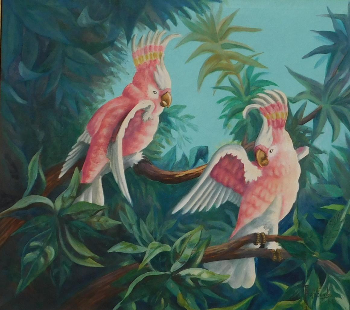 Renee Harcombe Female Florida Artist 20th century - oil on canvas.
Features a beautiful pair of pink parrots. Circa 1945. In excellent condition. 
Meausures: 42 x 48. Frame measures: 51 ½ x 57 ½. 

This painting was made by Renee Harcombe, a