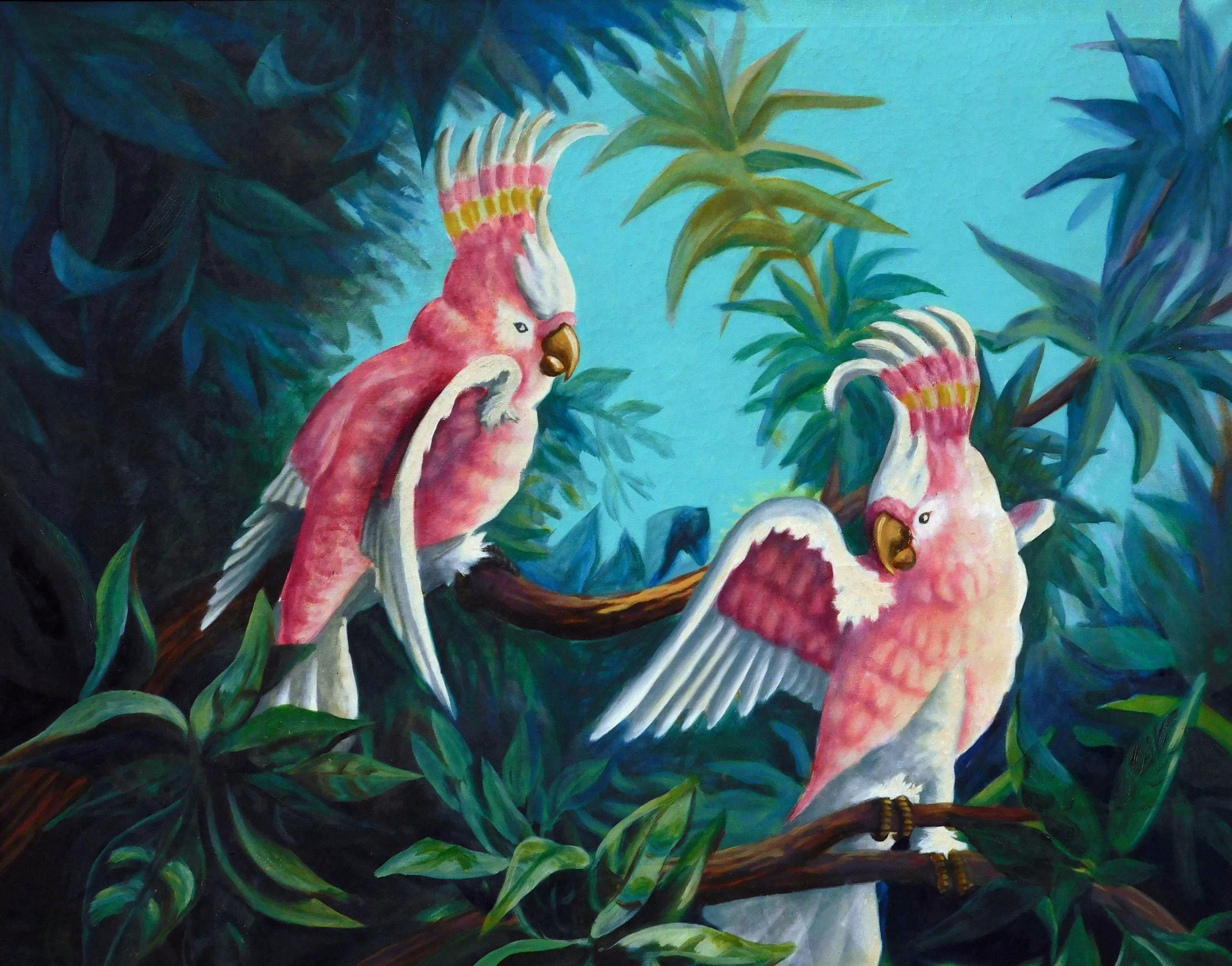 Renee Harcombe Florida Painting, Circa 1945, Pink Parrots In Good Condition For Sale In Phoenix, AZ