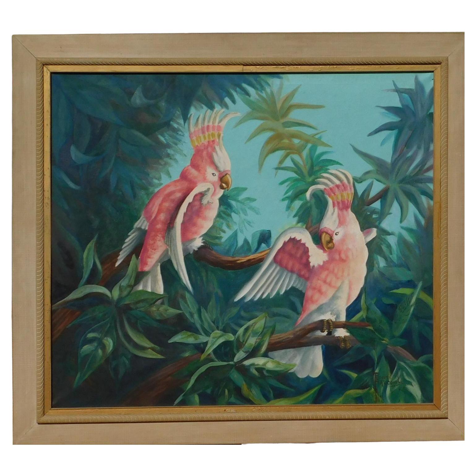 Renee Harcombe Florida Painting, Circa 1945, Pink Parrots For Sale