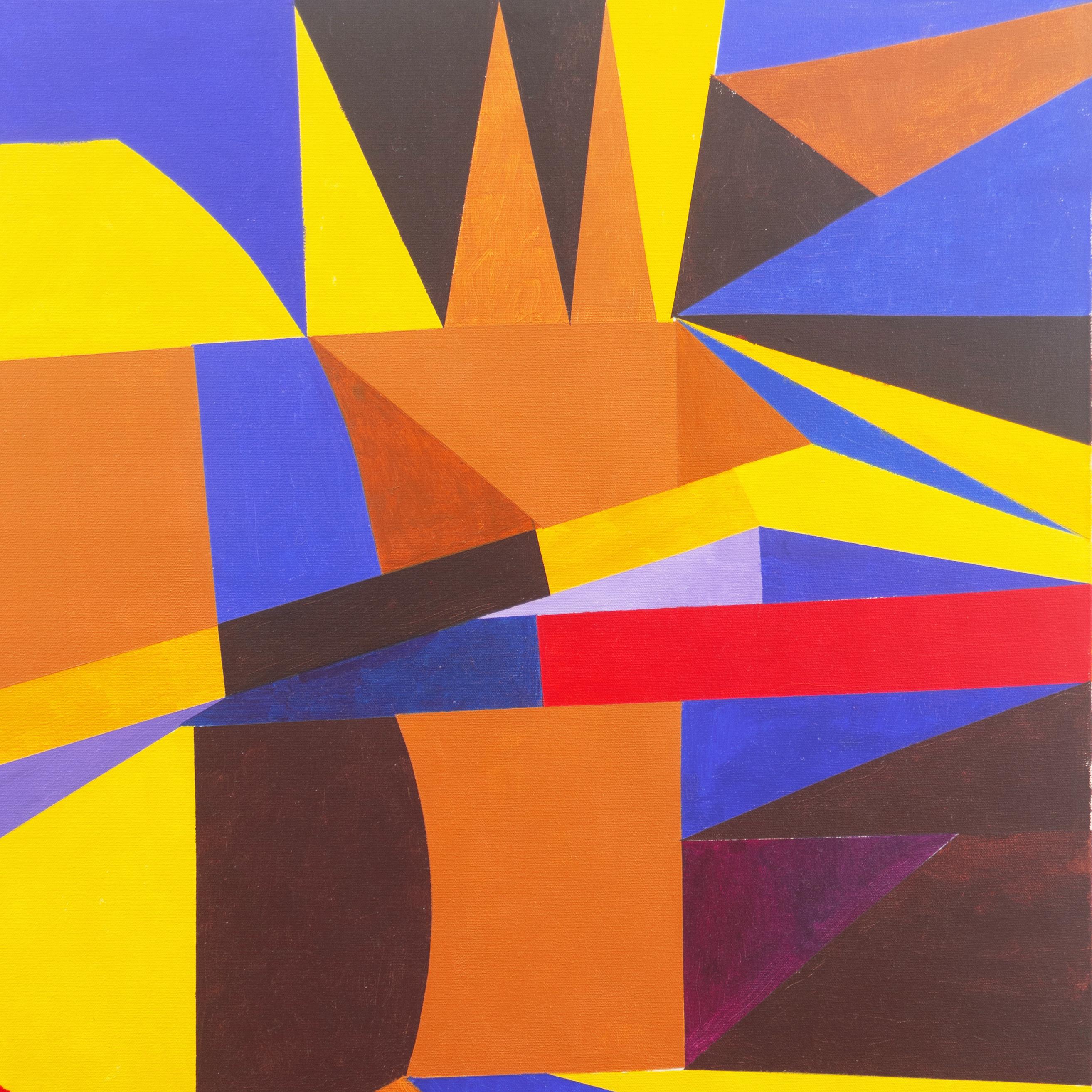 Signed, verso, on stretcher bar, 'Renee Harwin' (Austrian-American, born 1924) and painted circa 2000.

A substantial, Post-Painterly abstract comprising hard-edged, geometric forms in primary colors, with ochre and burnt umber, stacked in a