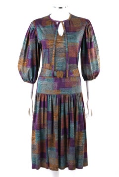 RENEE HELGA HOWIE c.1970s Color Paint Block Drop Waist Bishop Belted Shift Dress