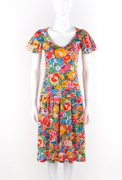 RENEE HELGA HOWIE c.1980s Multicolor Floral Print Drop Waist Short Sleeve Dress