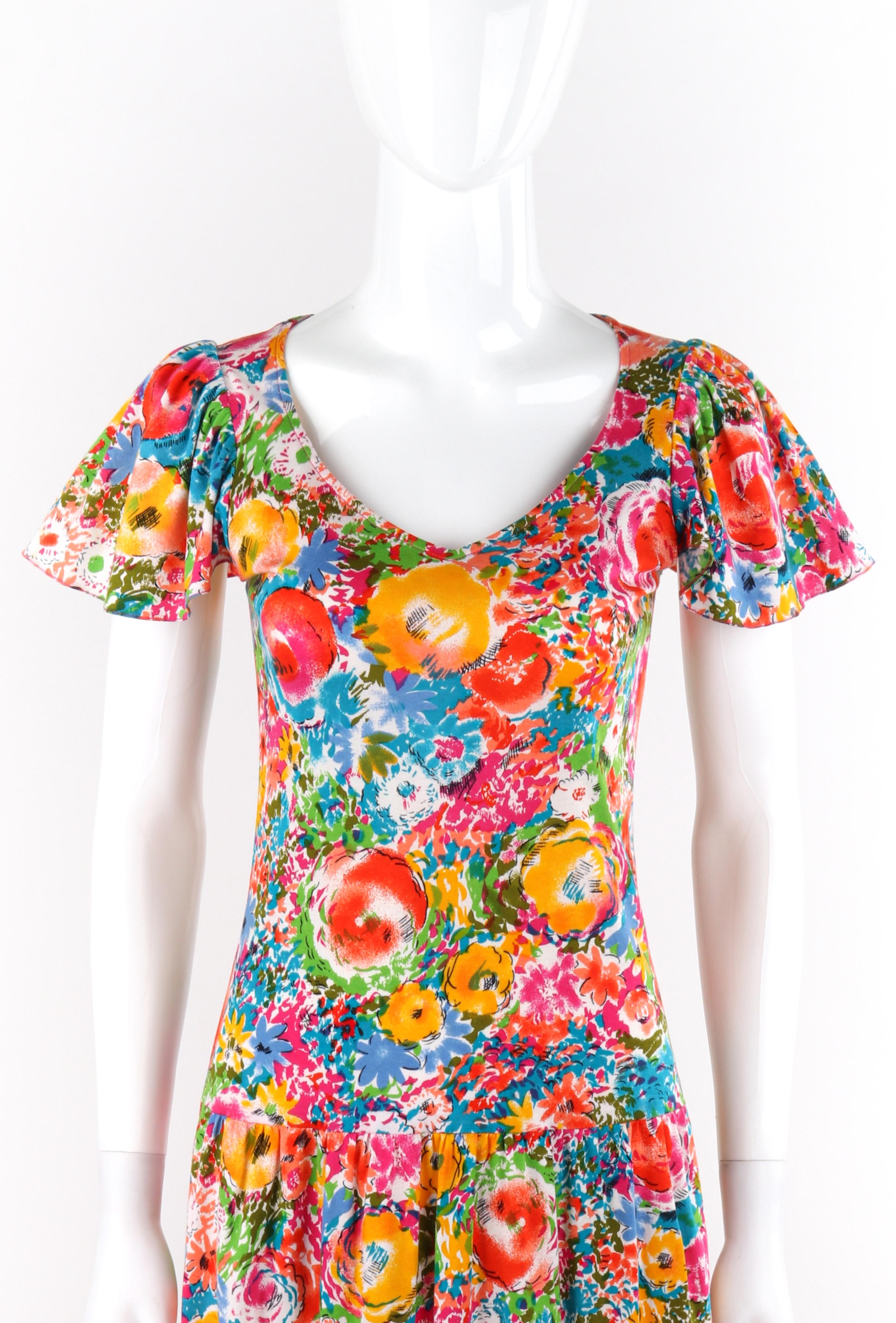 Women's RENEE HELGA HOWIE c.1980s Multicolor Floral Print Drop Waist Short Sleeve Dress For Sale