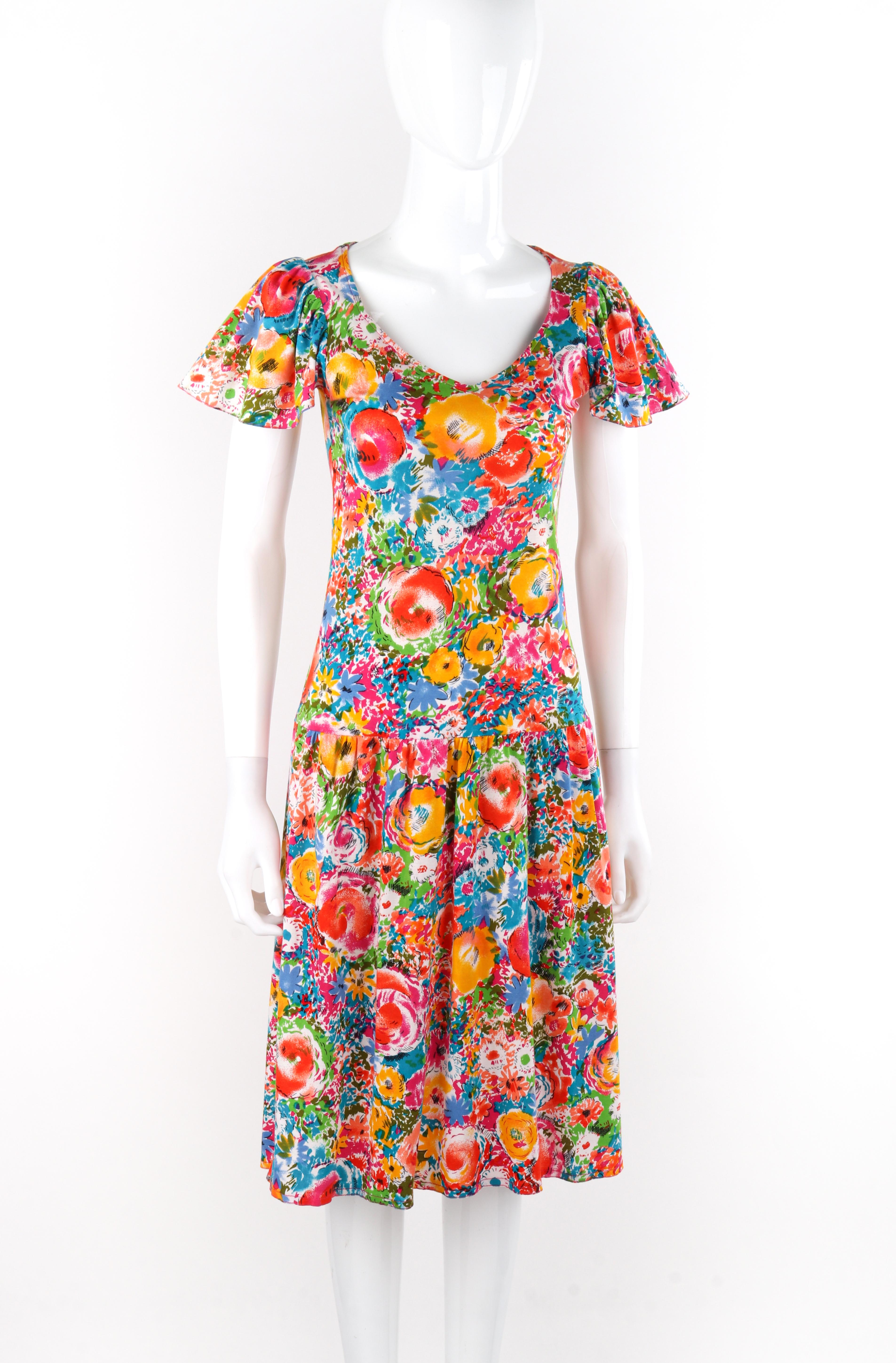 RENEE HELGA HOWIE c.1980s Multicolor Floral Print Drop Waist Short Sleeve Dress For Sale 1