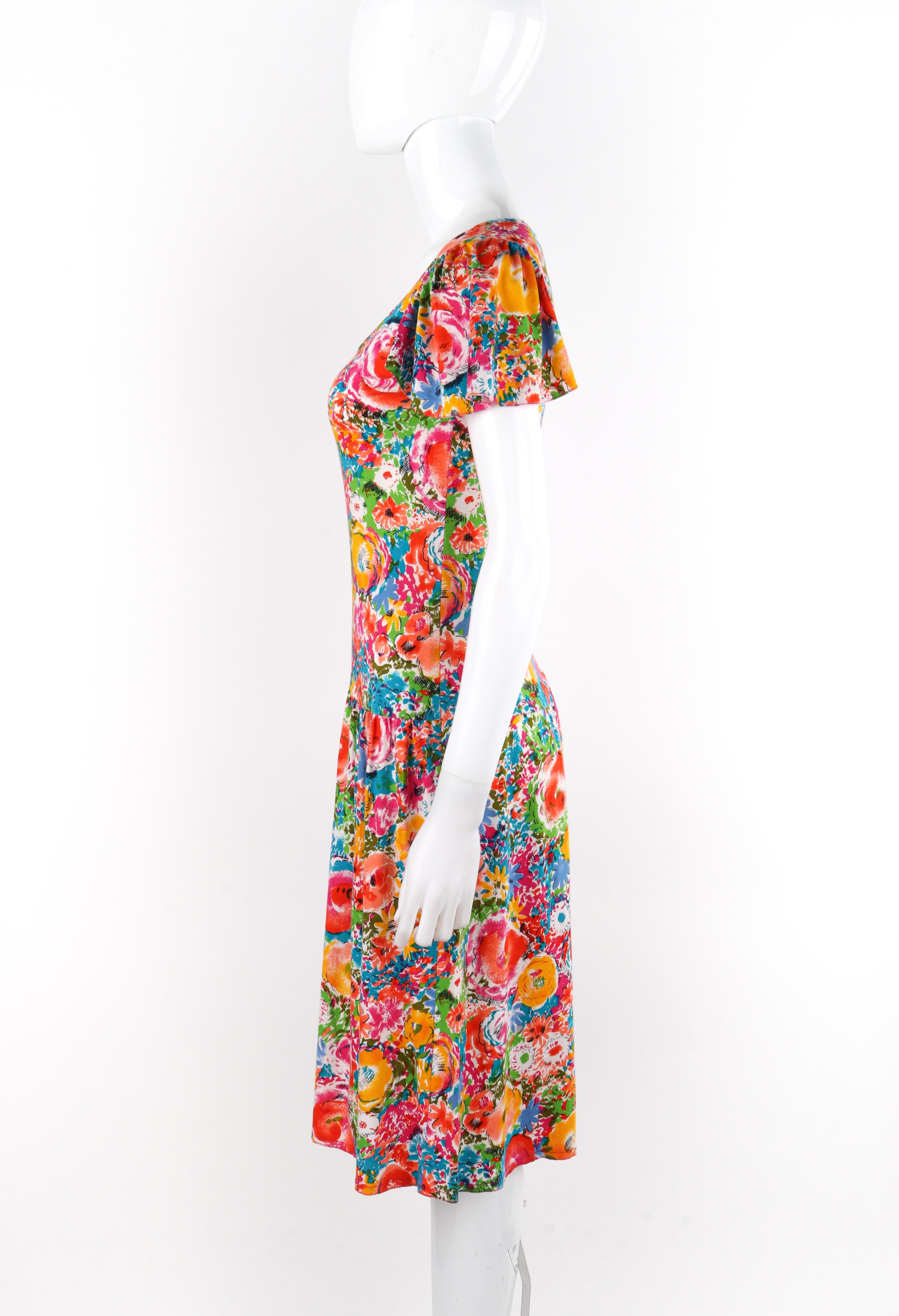 RENEE HELGA HOWIE c.1980s Multicolor Floral Print Drop Waist Short Sleeve Dress For Sale 4