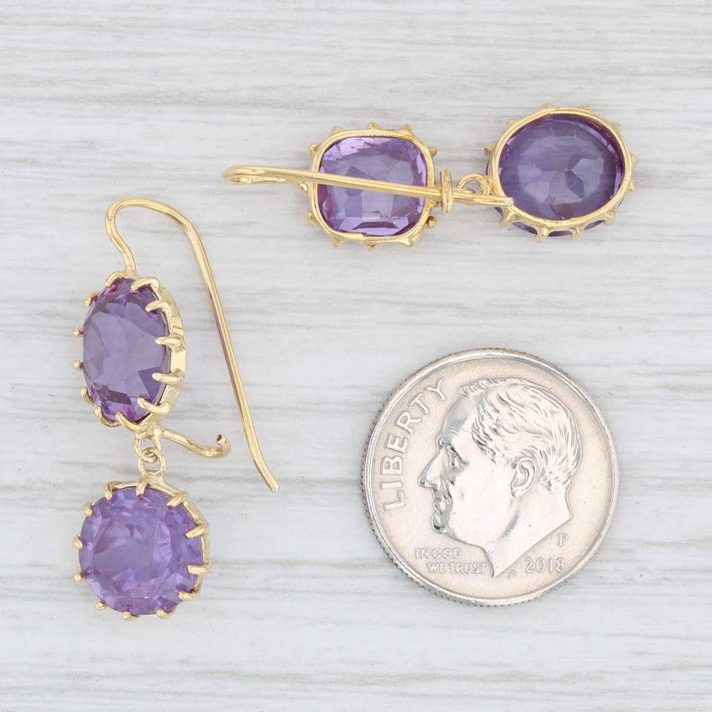 Women's Renee Lewis Synthetic Purple Sapphire Earrings 18k Yellow Gold Dangle Drops For Sale