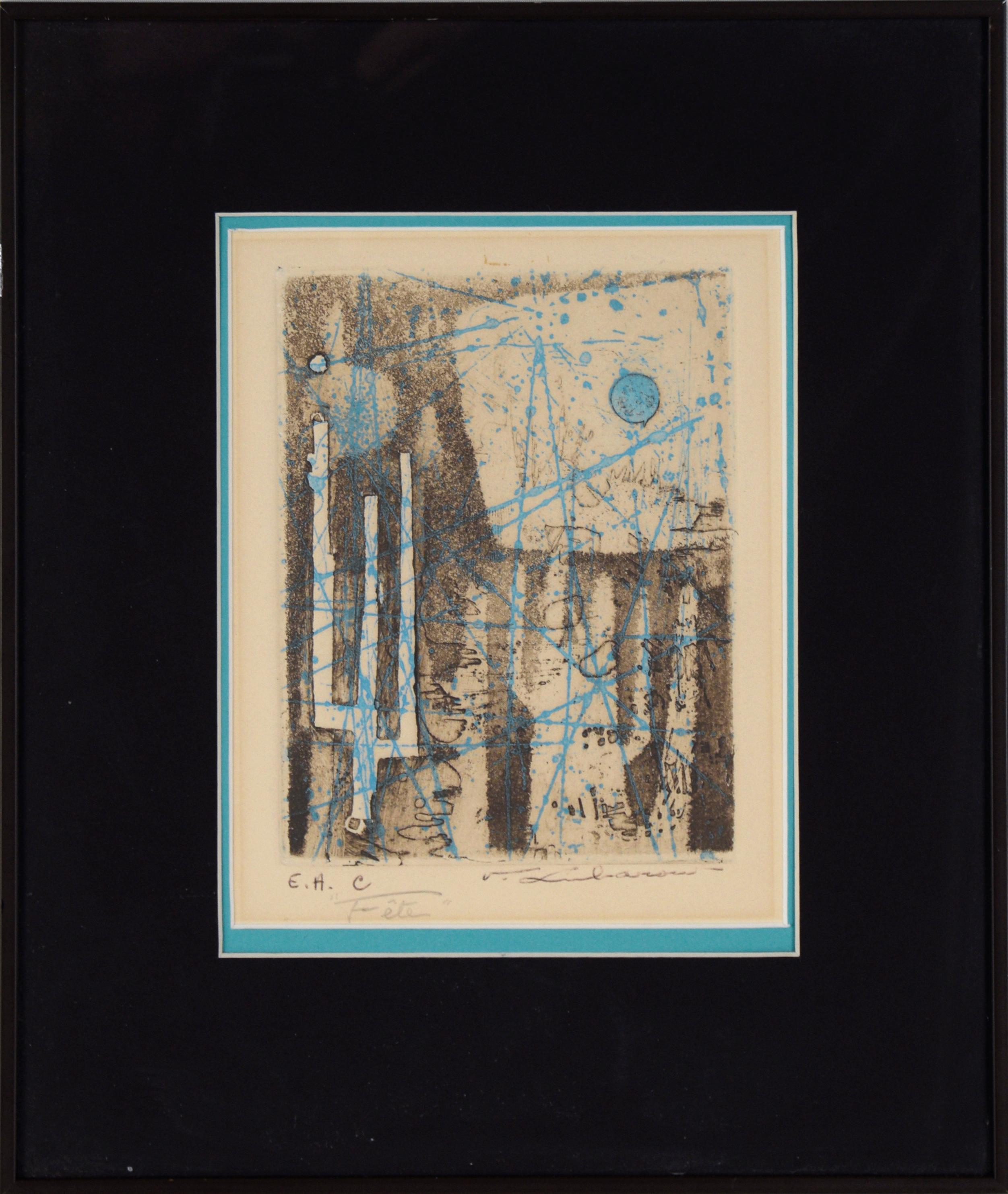 "Fete" Acquaforte astratta e acquatinta su carta del Mid Century Modern (prova d'artista)