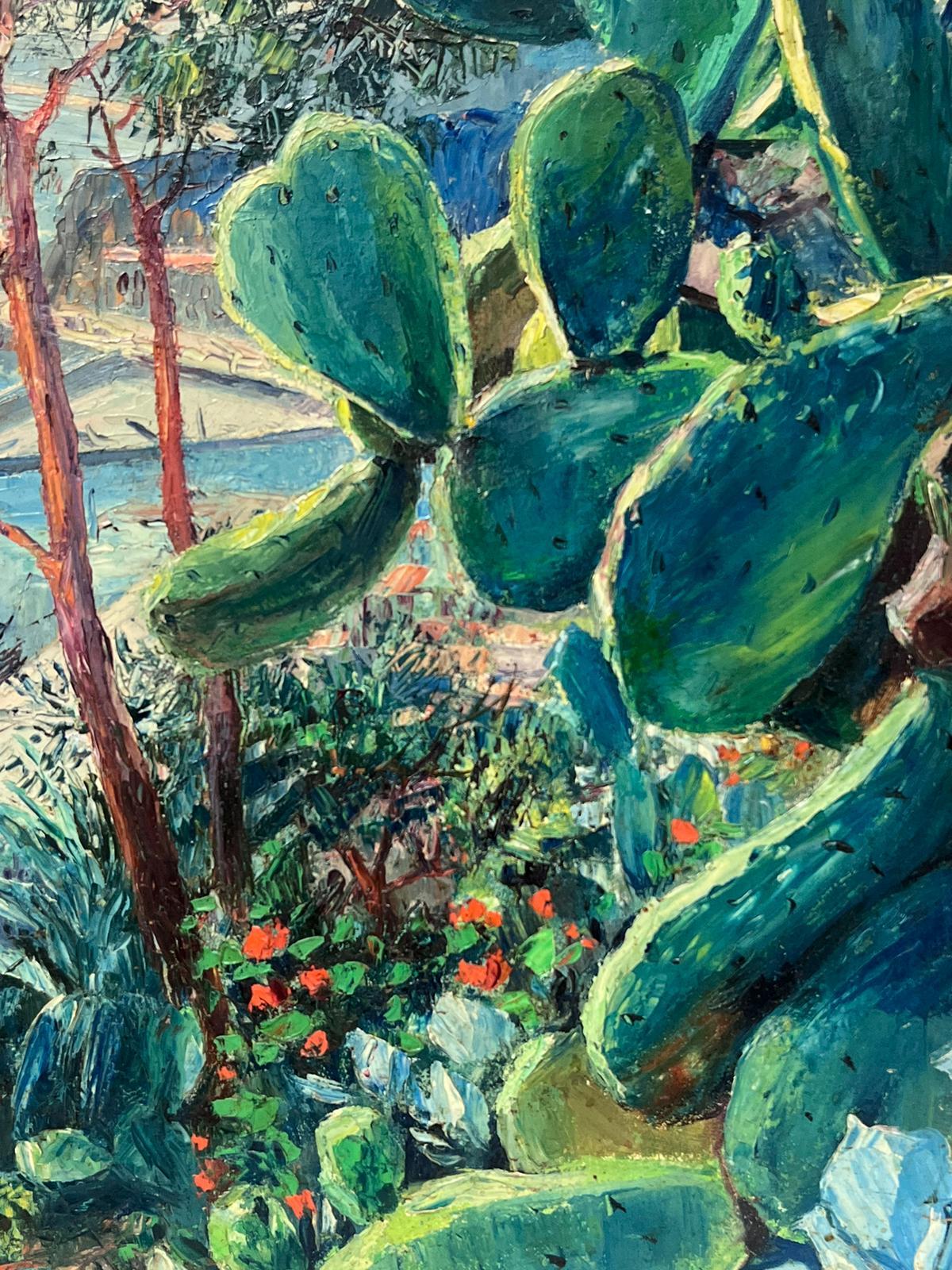 Vintage By, olio impressionista francese firmato Piante di cactus con vista su Nizza e il Mediterraneo - Painting di Renee´ Normand