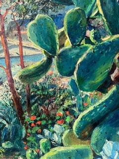 Französisch-impressionistische signierte Öl-Kactus-Pflanzgefäße mit Blick auf Nice & The Med, Vintage