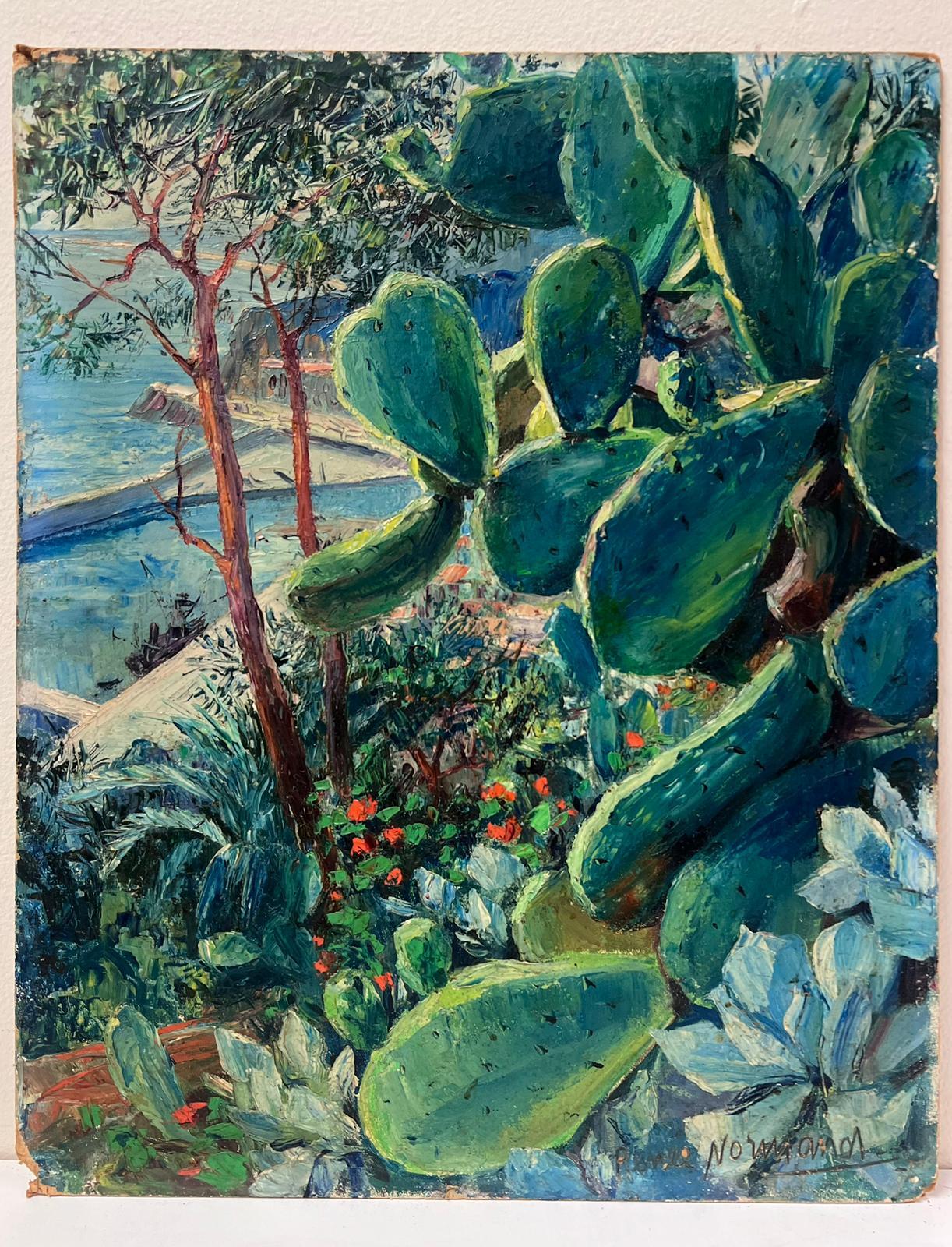 Vintage By, olio impressionista francese firmato Piante di cactus con vista su Nizza e il Mediterraneo - Painting Postimpressionismo di Renee´ Normand