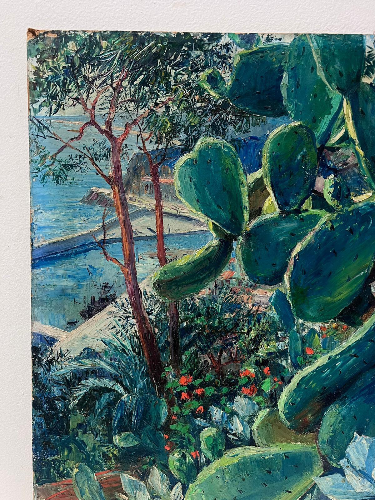 Vintage By, olio impressionista francese firmato Piante di cactus con vista su Nizza e il Mediterraneo - Landscape Painting Blu di Renee´ Normand