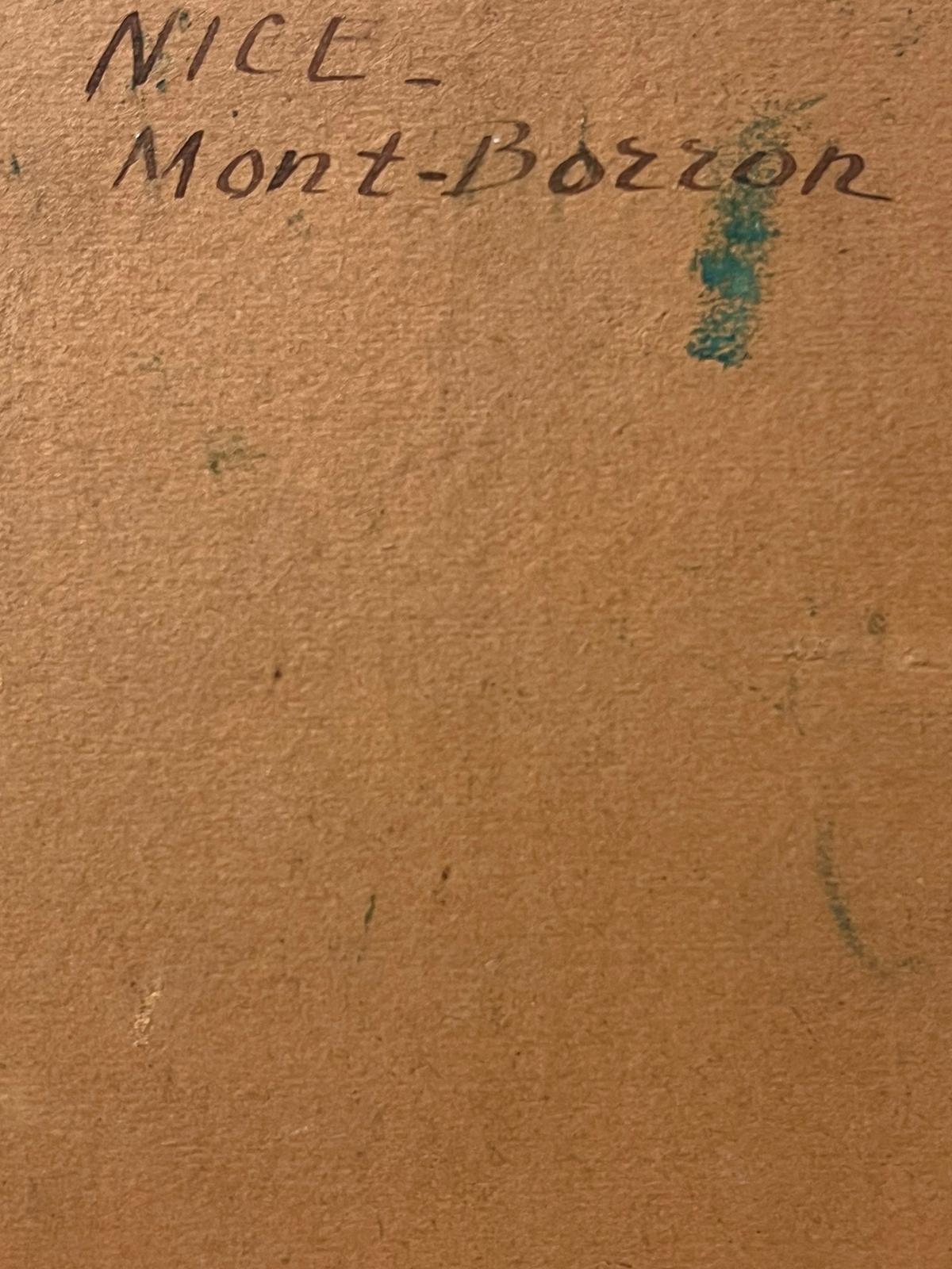 Vintage By, olio impressionista francese firmato Piante di cactus con vista su Nizza e il Mediterraneo 1