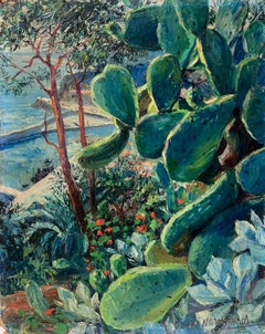 Vintage By, olio impressionista francese firmato Piante di cactus con vista su Nizza e il Mediterraneo
