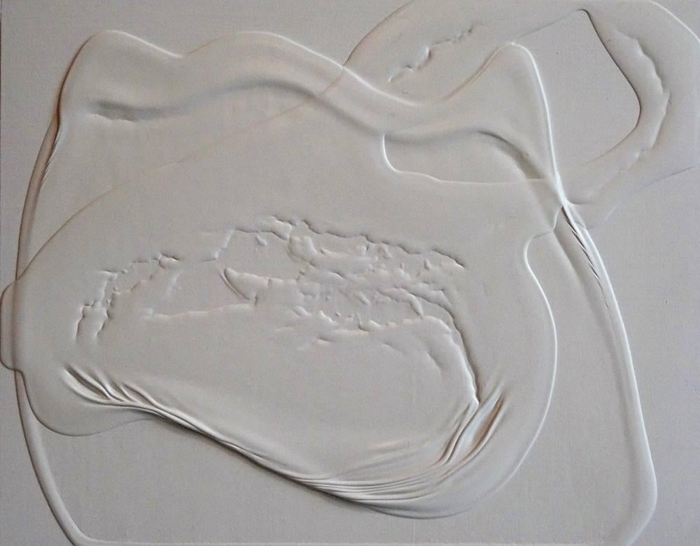 Renee Phillips Abstract Painting - Meditation LXXI - white abstract dripped enamel painting on wood panel