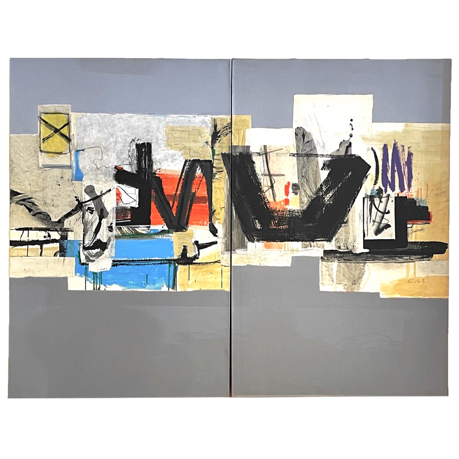 Large Scale Mixed Media Abstract Diptych on Canvas by Renee Ritter 1982