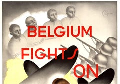 Original "Belgium Fights On' art deco vintage linen backed poster, World War II