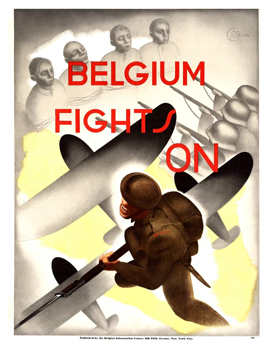 Figurative Print di Renee Sturbelle - Poster originale "Belgium Fights On" (Belgio combatte), art deco, con supporto in lino, seconda guerra mondiale