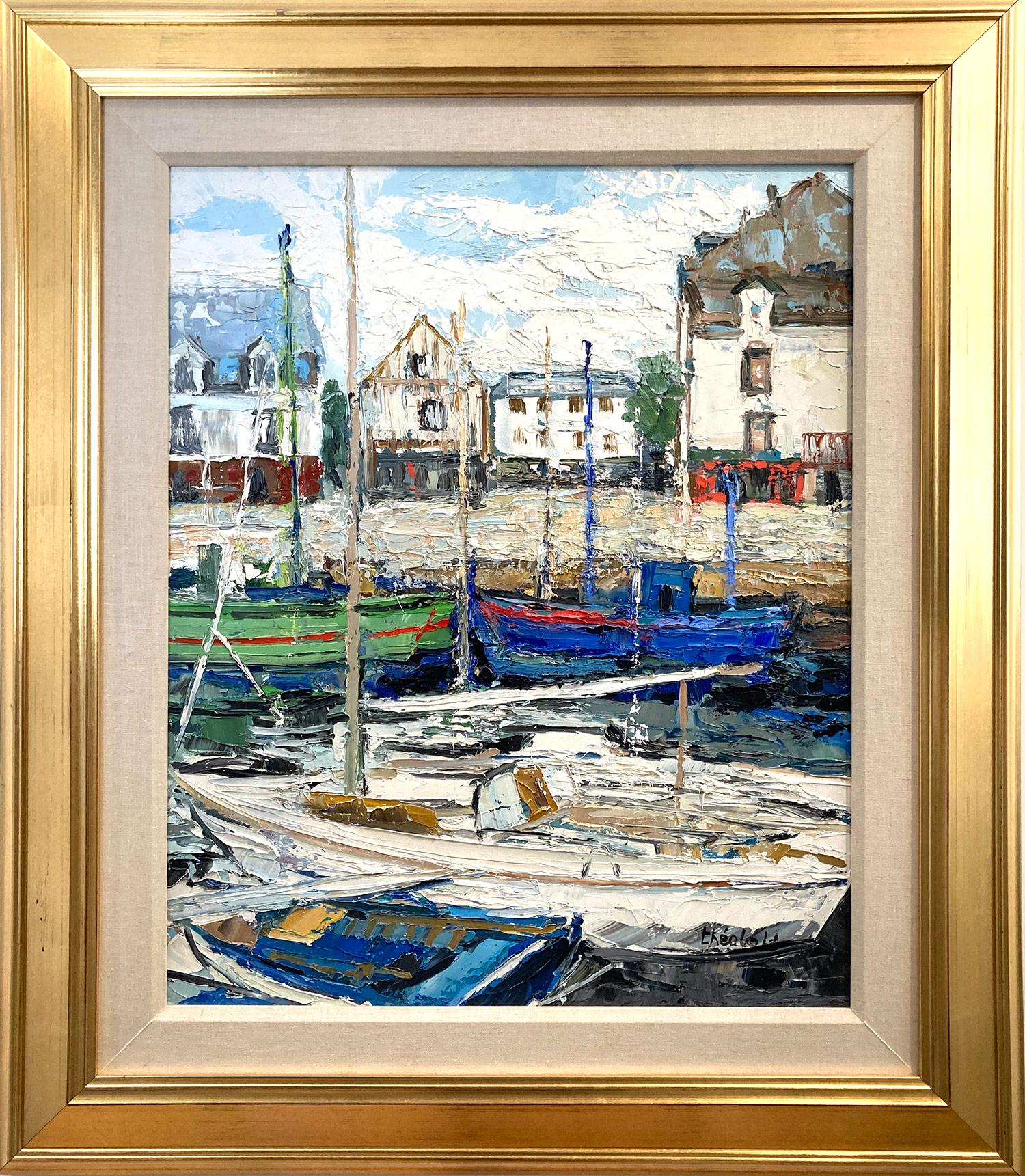 Landscape Painting di Renee Theobald - "Au Croisic" Scena di porto marino parigino Pittura a olio impressionista su tela