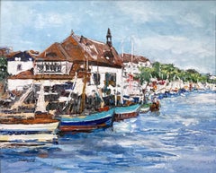 "In Trouville" Pariser Hafenszene Impressionistisches Ölgemälde auf Leinwand Gerahmt