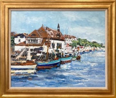 "In Trouville" Pariser Hafenszene Impressionistisches Ölgemälde auf Leinwand Gerahmt