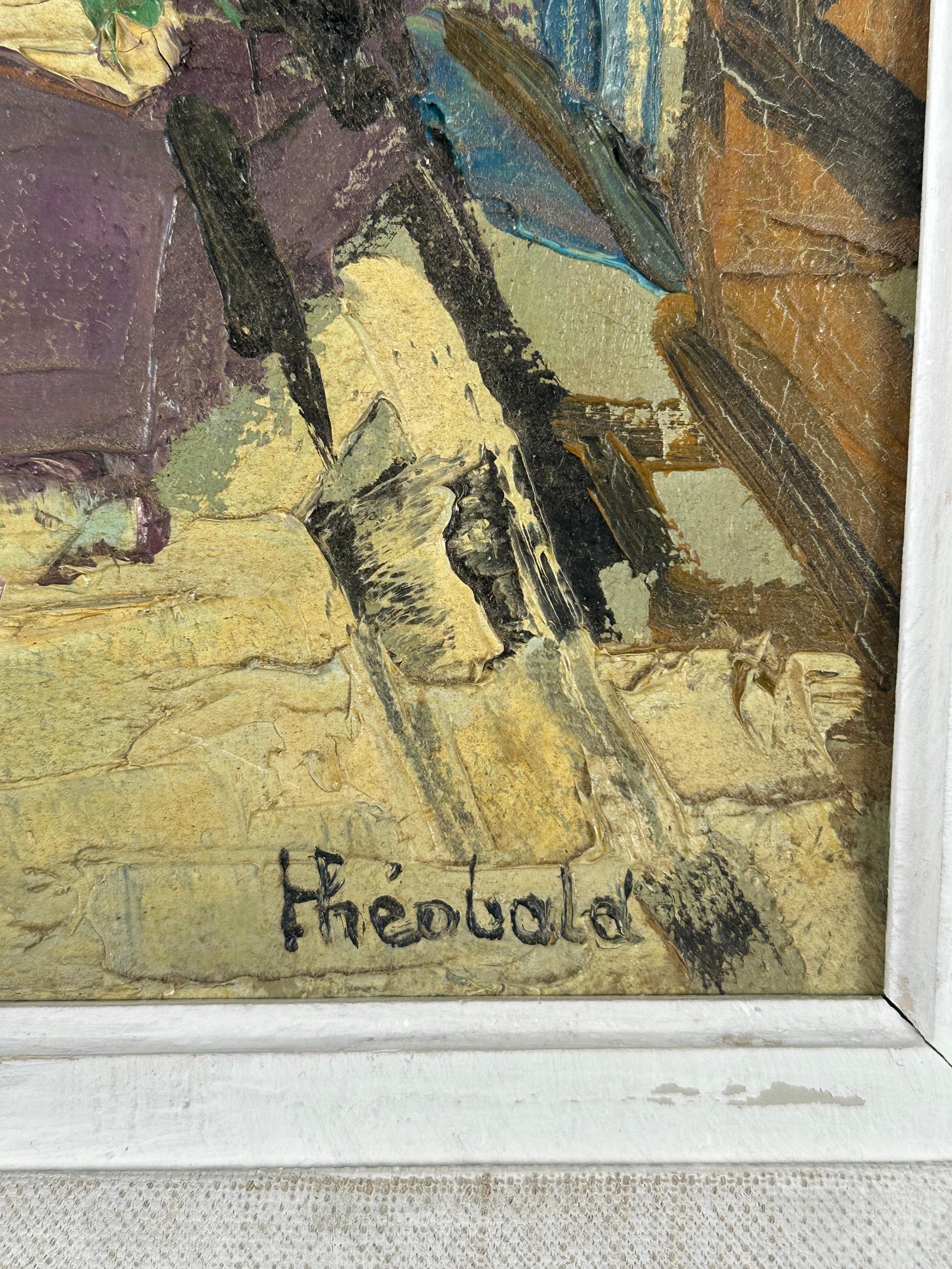 Renee Theobald (1926-2014). Passage, ca. 1965. Öl auf Leinwand, 13 x 16 Zoll, 18,5 x 21,5 Zoll gerahmt. Das Gemälde ist in ausgezeichnetem Zustand; der Rahmen hat kleinere Schäden und wurde übermalt, gehört aber zum Originalwerk. 


Studium an der