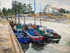 "Sur La Somme" Parisian Marine Harbor Scene Impressionist Oil Painting on Canvas