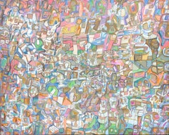 Urban Landscape, colorful abstract modern oil painting with geometric drawing