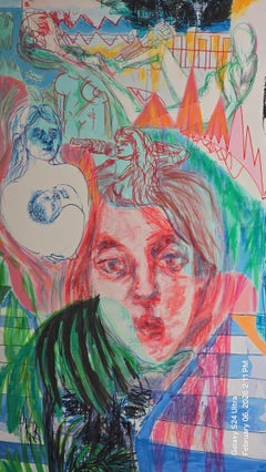 Oeuvre abstraite en technique mixte sur papier avec des tons bleus et verts