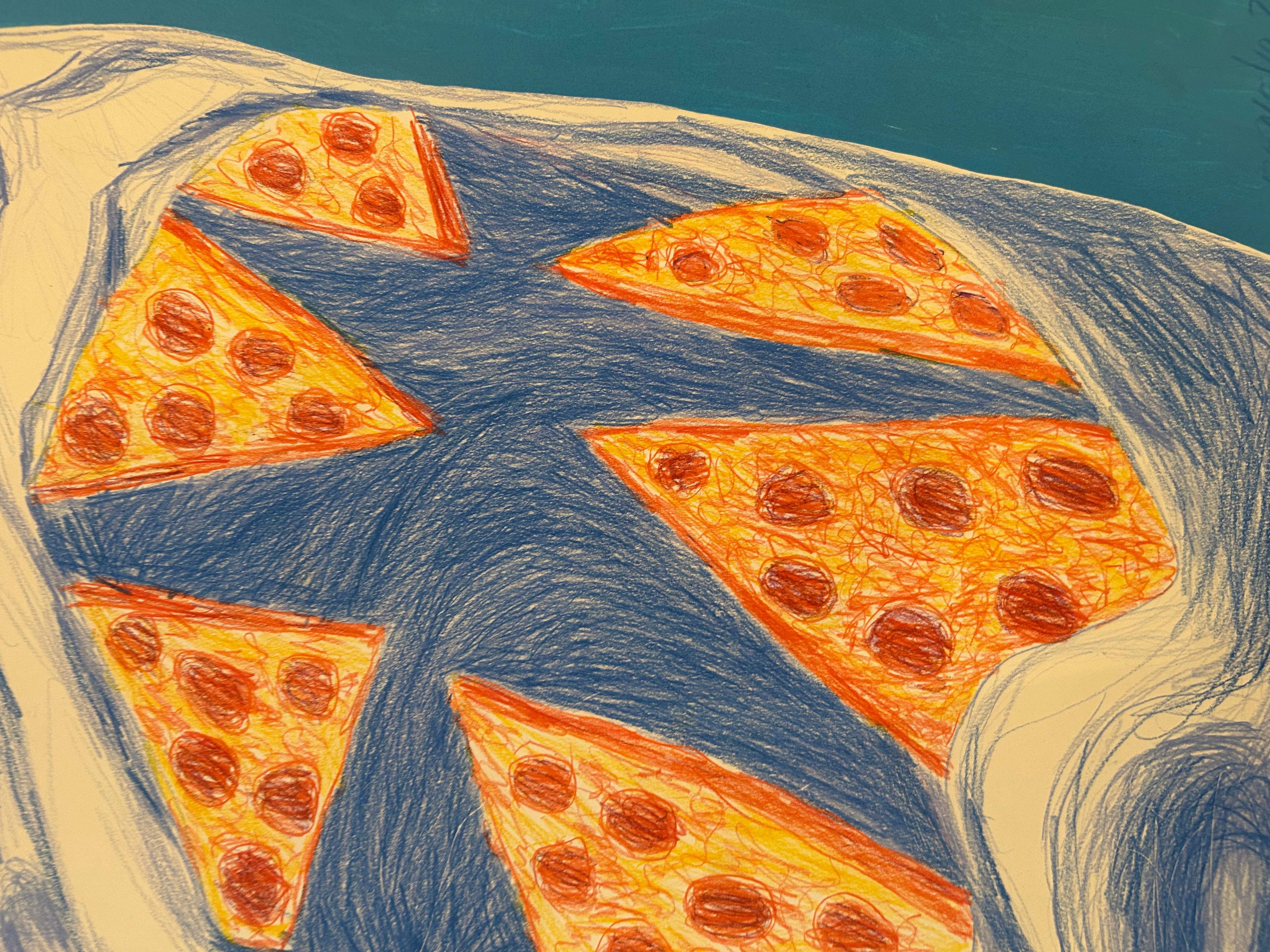 Divertente disegno di squalo figurato su carta: Squalo pizza 2022 - Mixed Media Art Astrattismo geometrico di Renelio Marin