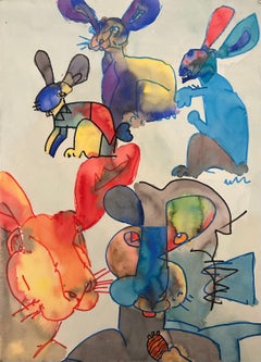 Mixed Media Buntes Tier-Aquarell-Aquarell- Bunny-Gemälde auf Papier