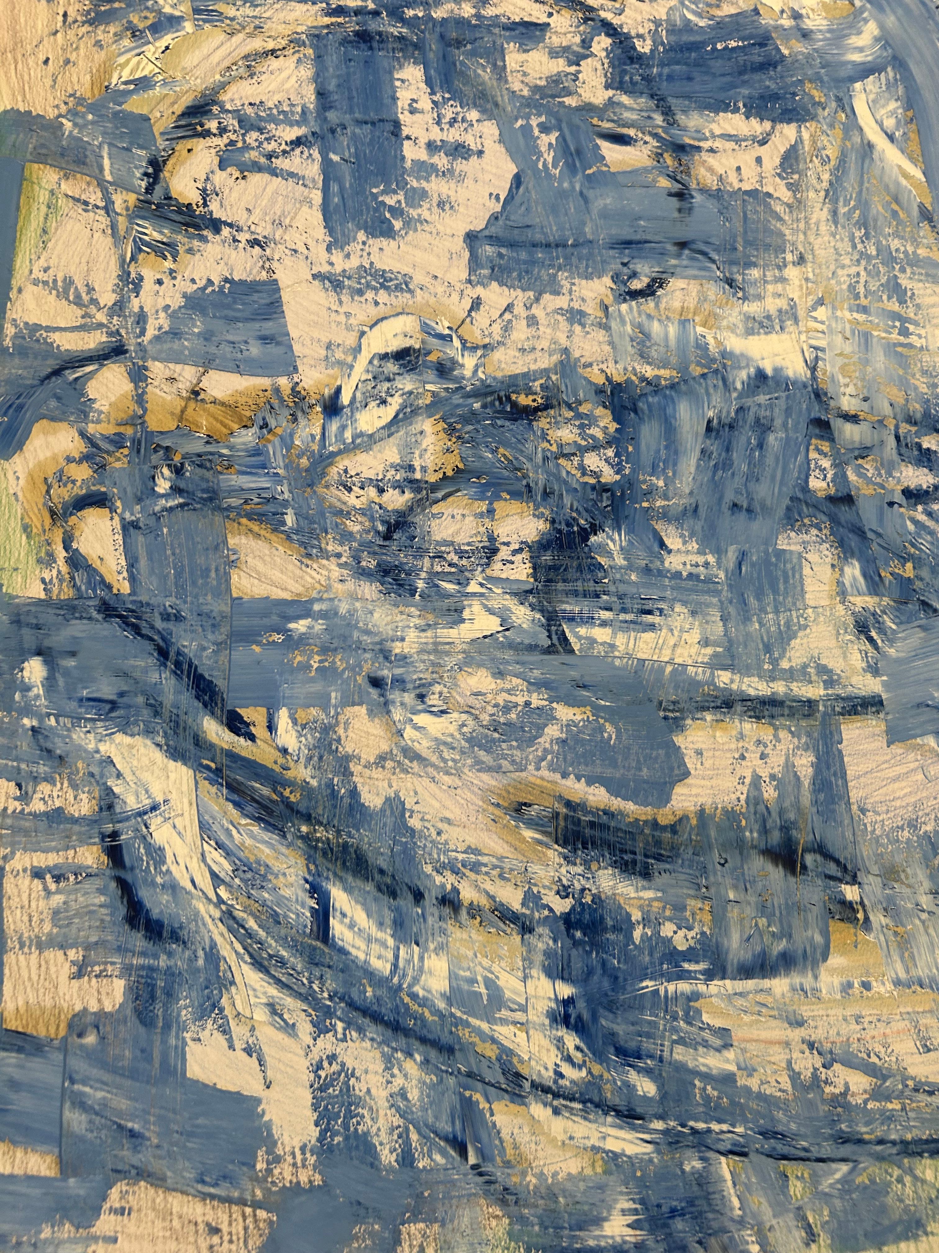 Opera astratta blu su carta - Painting di Renelio Marin