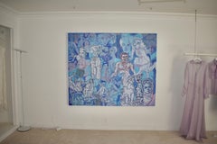 Jungle bleu, dessin figuratif et peinture acrylique contemporaine abstraite