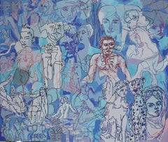 Blue Jungle, figurative drawing and abstract acrylic contemporary painting