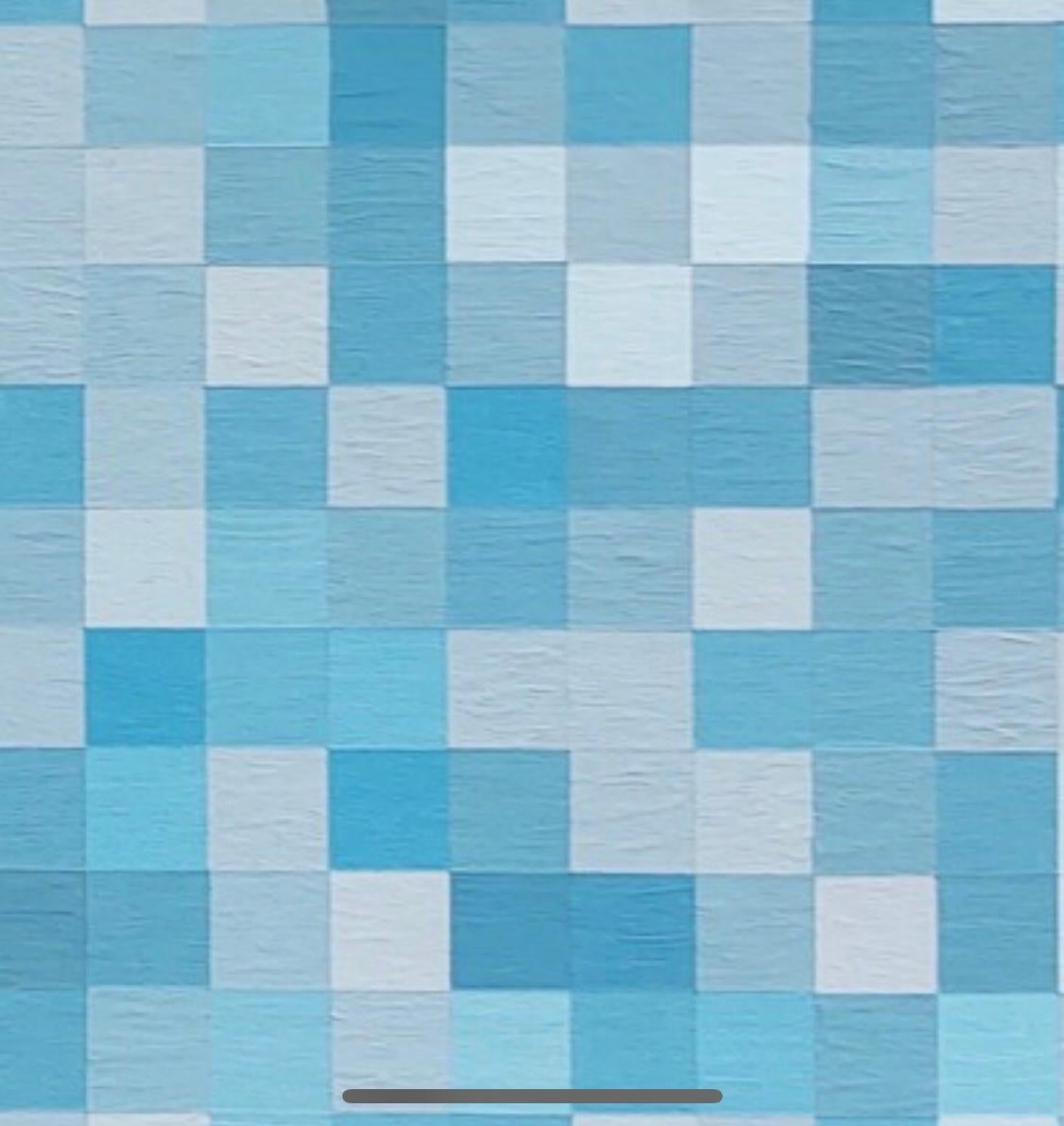 Blue Pixel Painting: Geometric Hand Painted Squares Acrylic Painting   For Sale 3