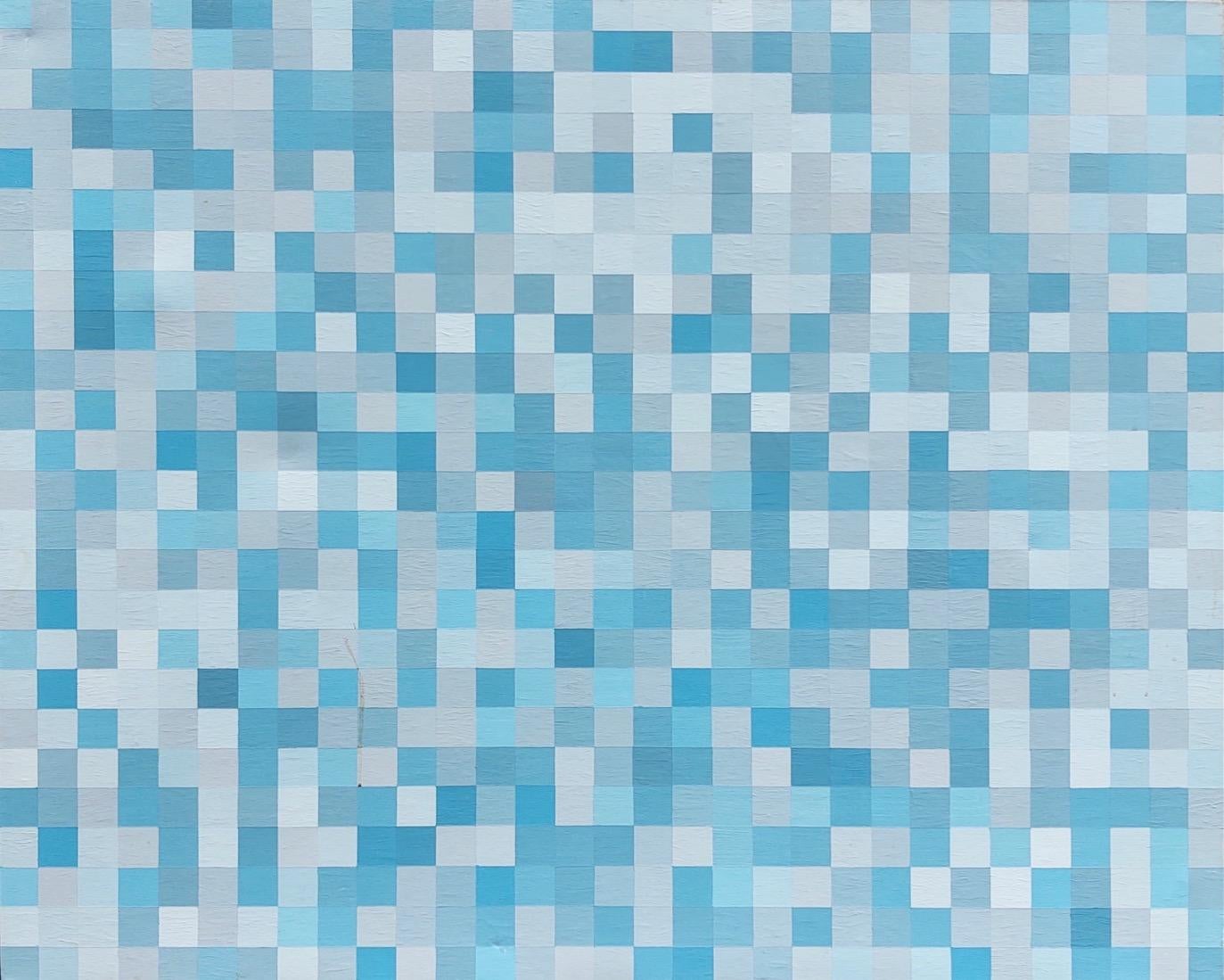 Renelio Marin Abstract Painting - Blue Pixel Painting: Geometric Hand Painted Squares Acrylic Painting  