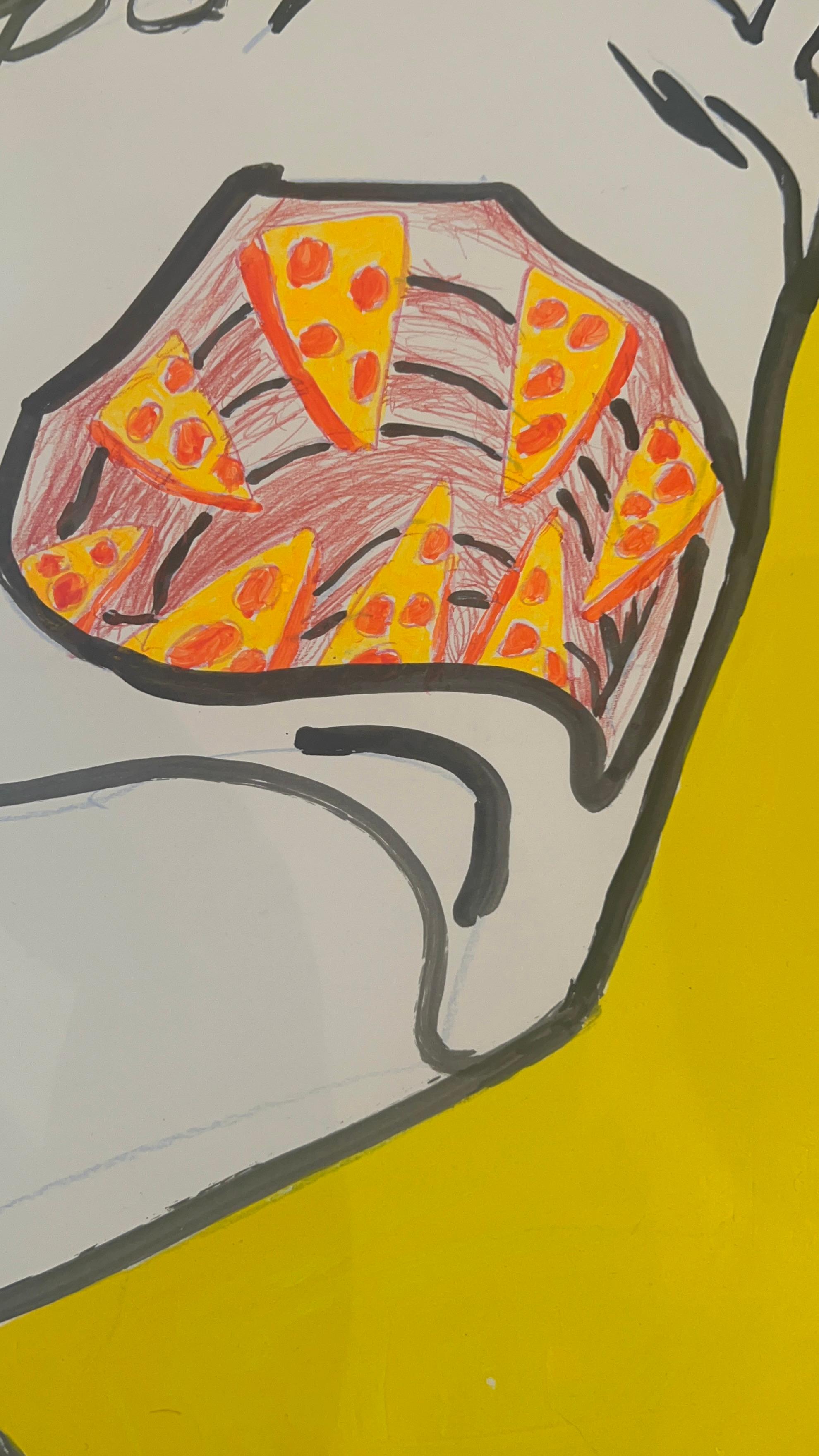 Pittura animale figurativa colorata su carta; Pizza Shark 2 v 1 - Painting di Renelio Marin
