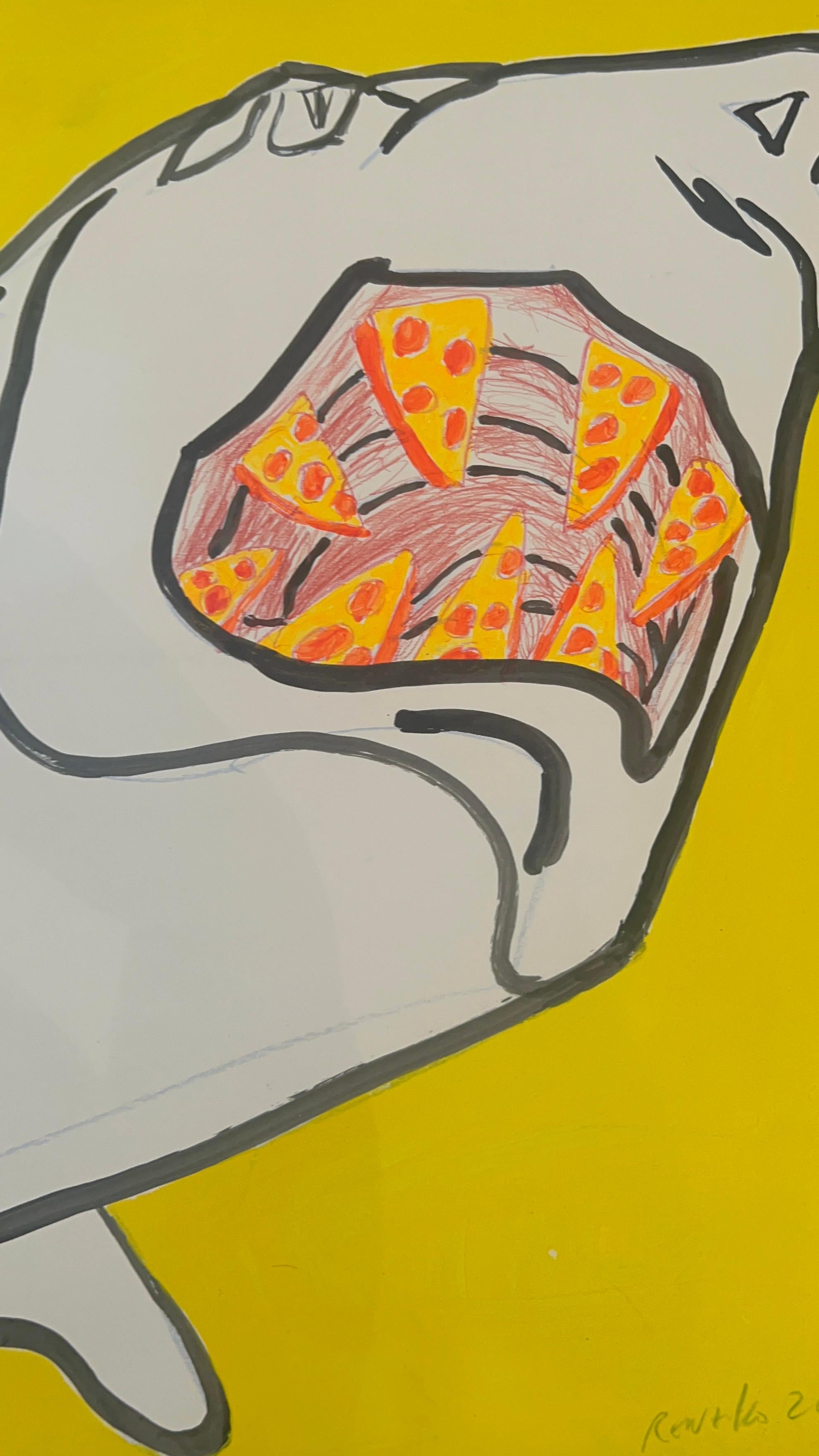 Pittura animale figurativa colorata su carta; Pizza Shark 2 v 1 - Painting Pop Art di Renelio Marin
