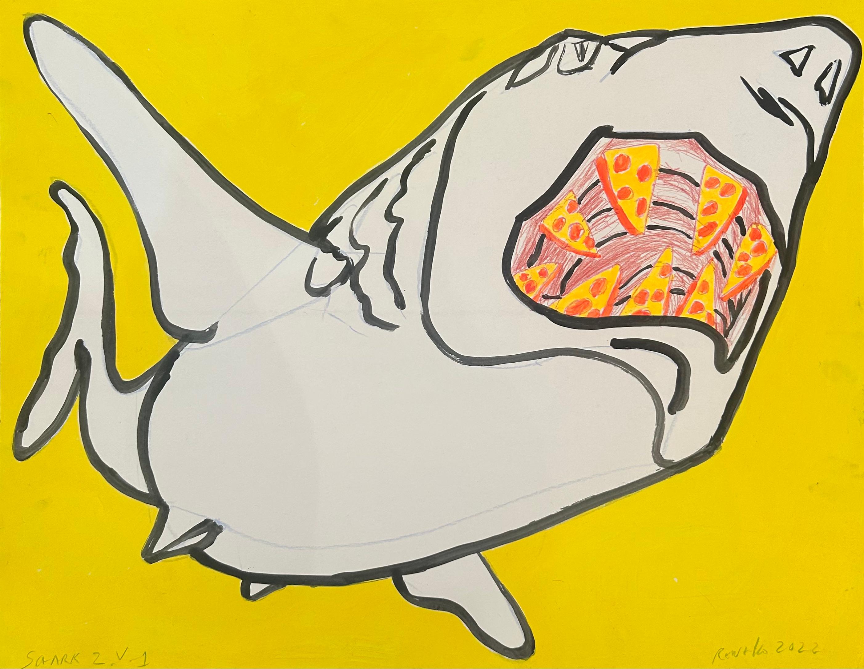 Peinture d'animaux figuratifs colorés sur papier ; Pizza Shark 2 v 1