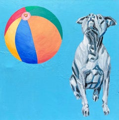 Globetrotter 1: Contemporary Acrylic Painting of Dog and Beach Ball