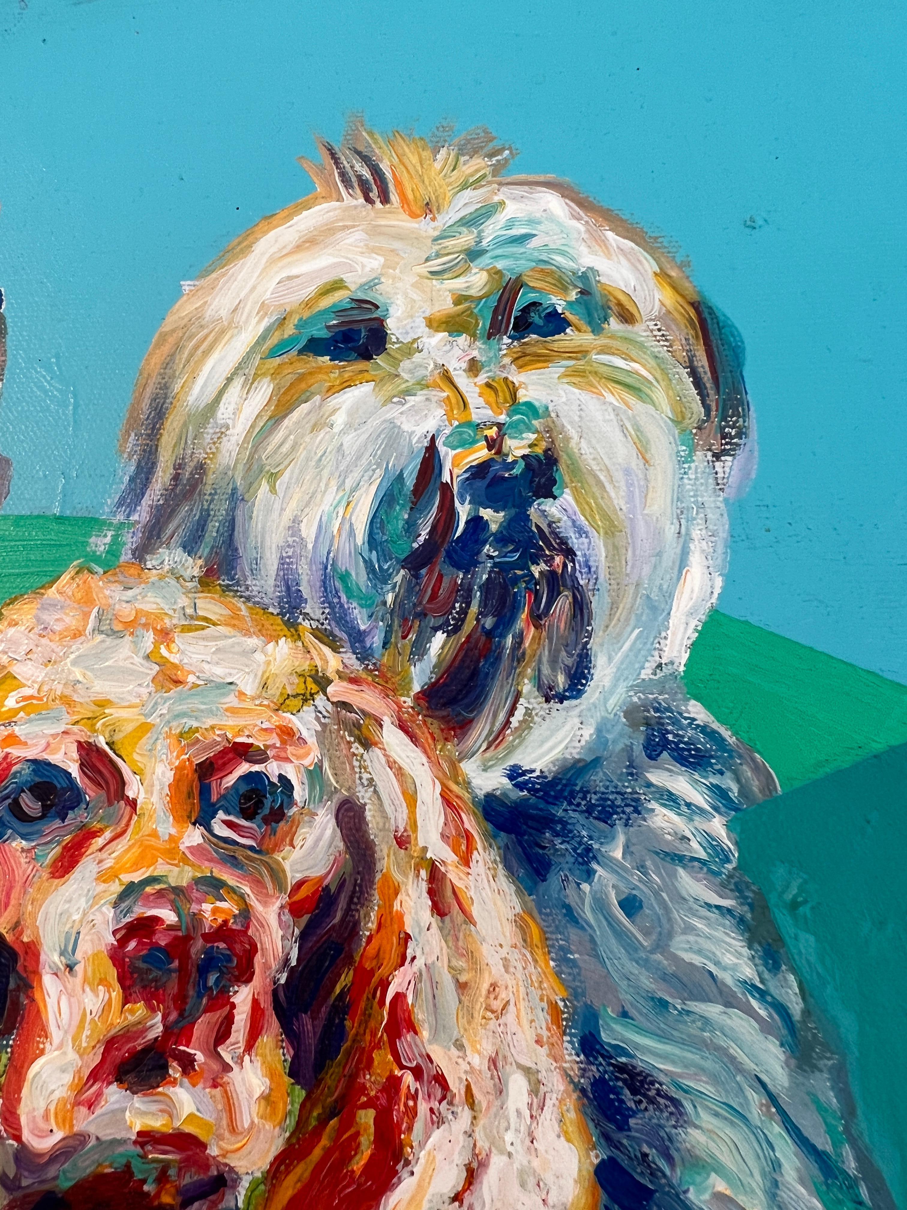 Globetrotter: Contemporary Acrylic Painting of Dogs and Beachball - Blue Animal Painting by Renelio Marin