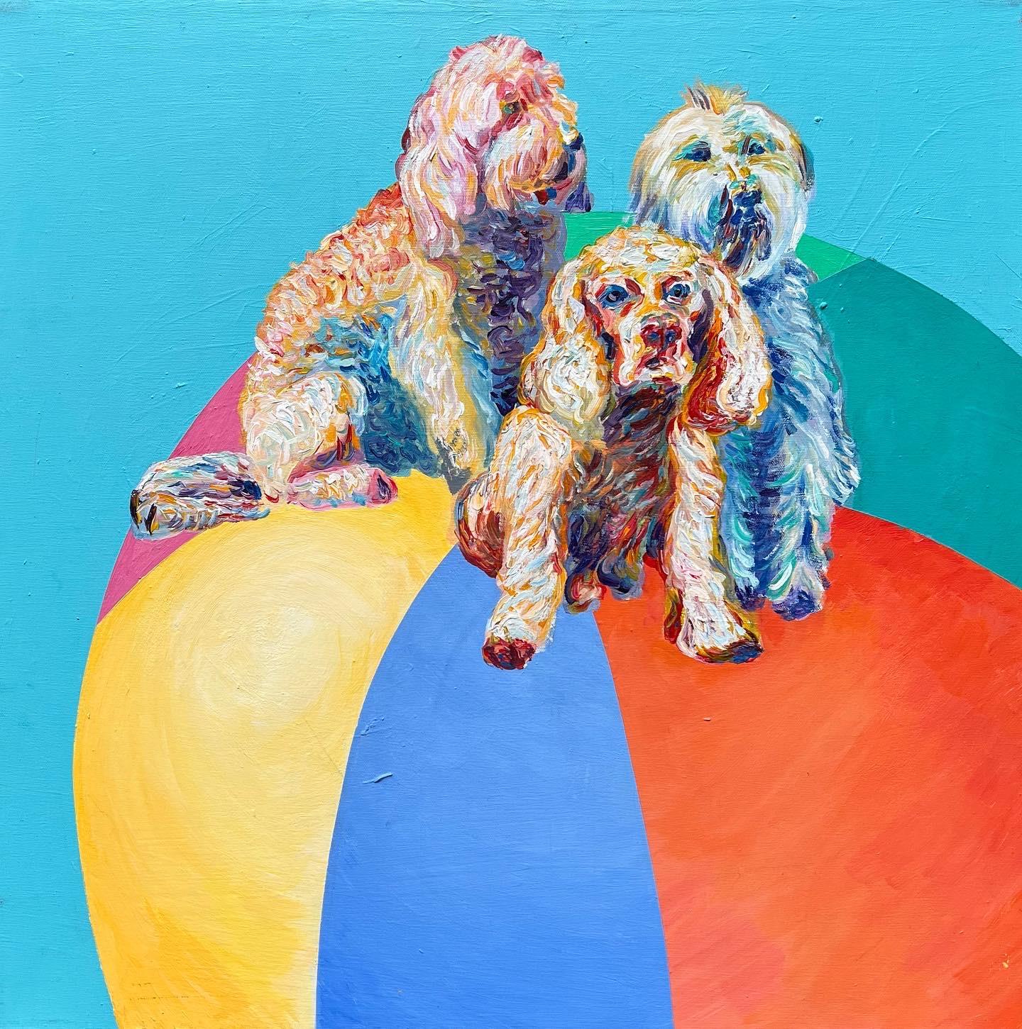 Renelio Marin Animal Painting - Globetrotter: Contemporary Acrylic Painting of Dogs and Beachball