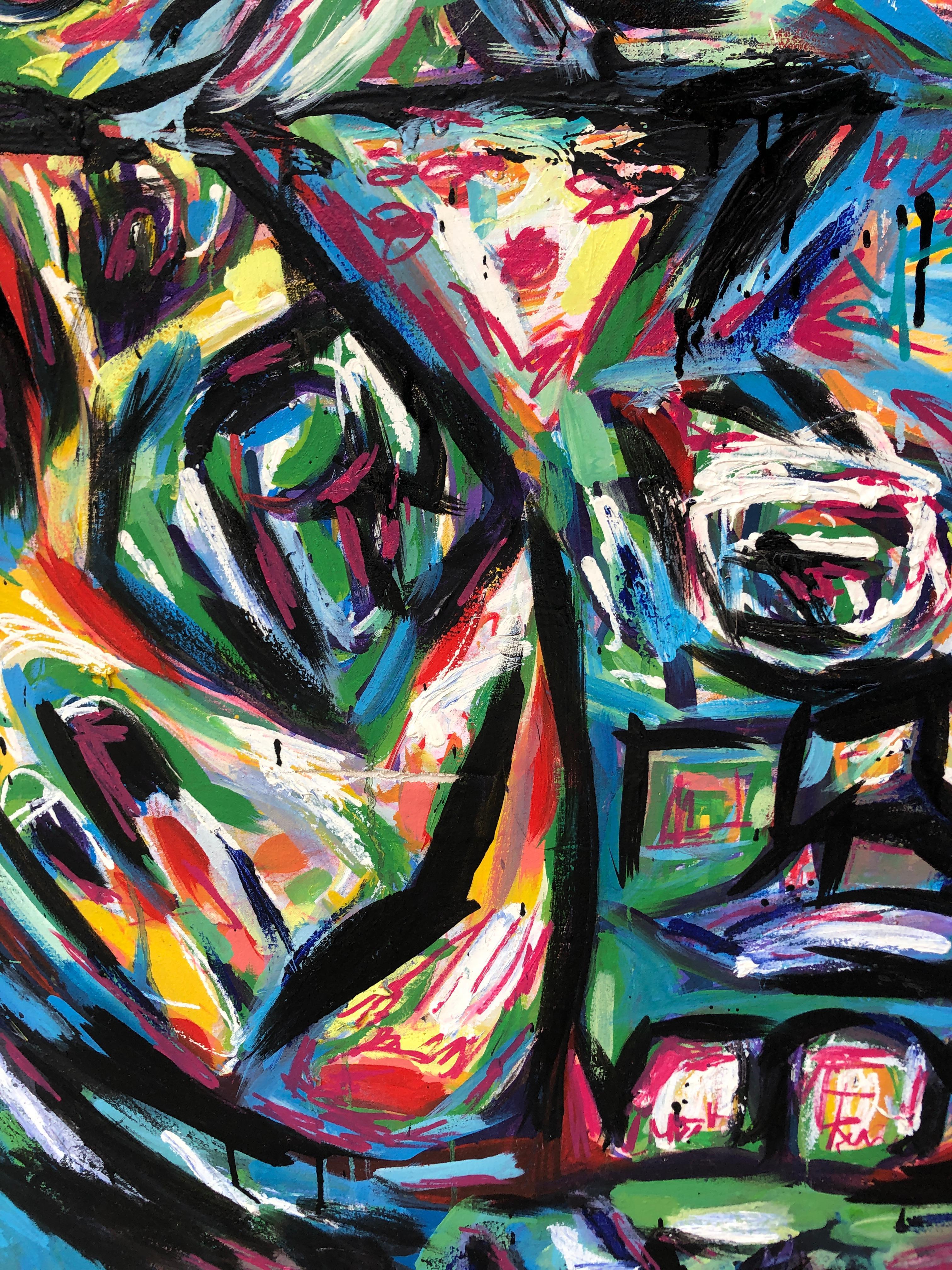 Onda Trans-Plant-ter. Pittura ad olio astratta di colore blu e tavolozza scura del surrealismo. - Painting di Renelio Marin