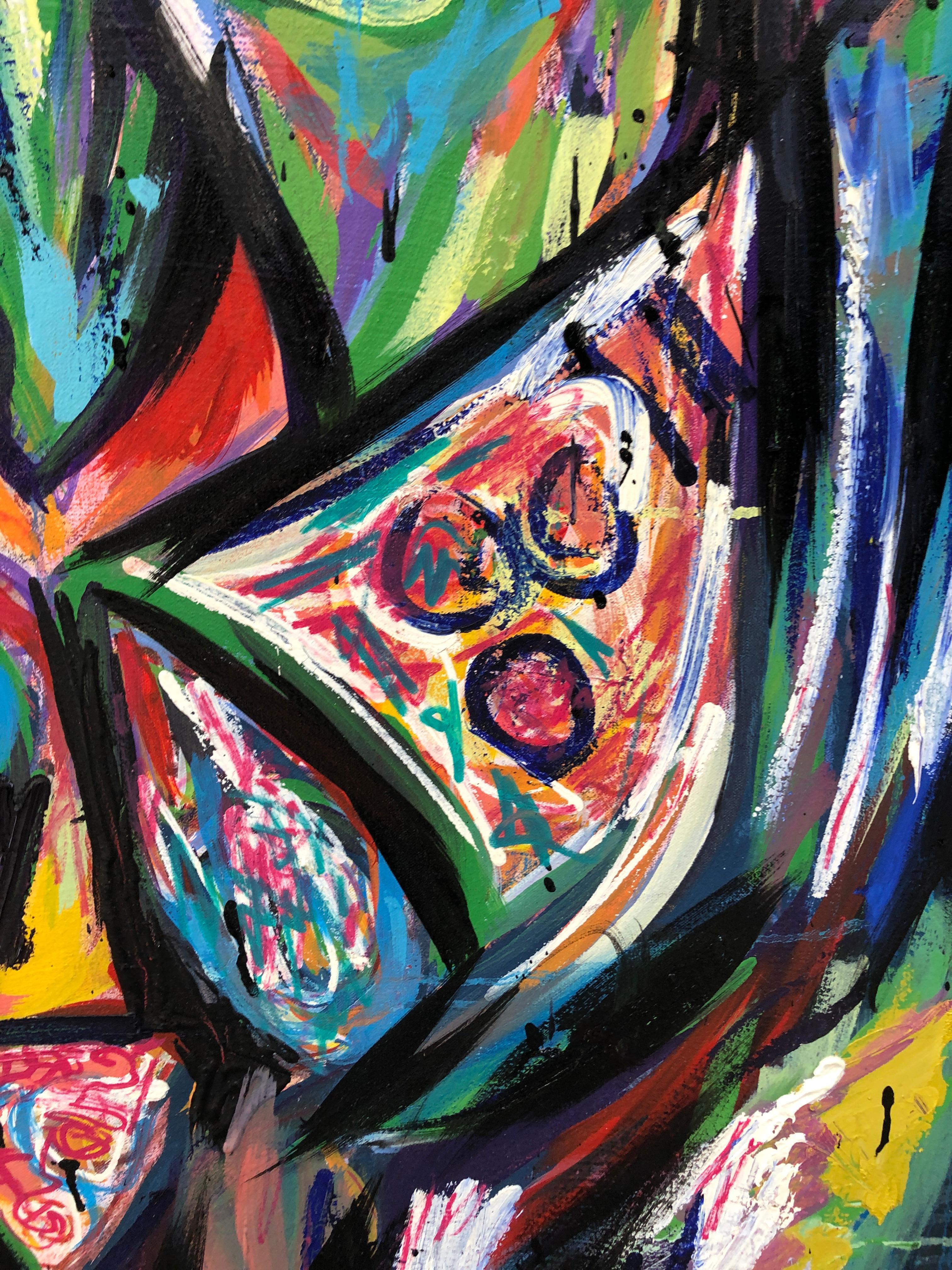 Onda Trans-Plant-ter. Pittura ad olio astratta di colore blu e tavolozza scura del surrealismo. - Painting Astratto di Renelio Marin
