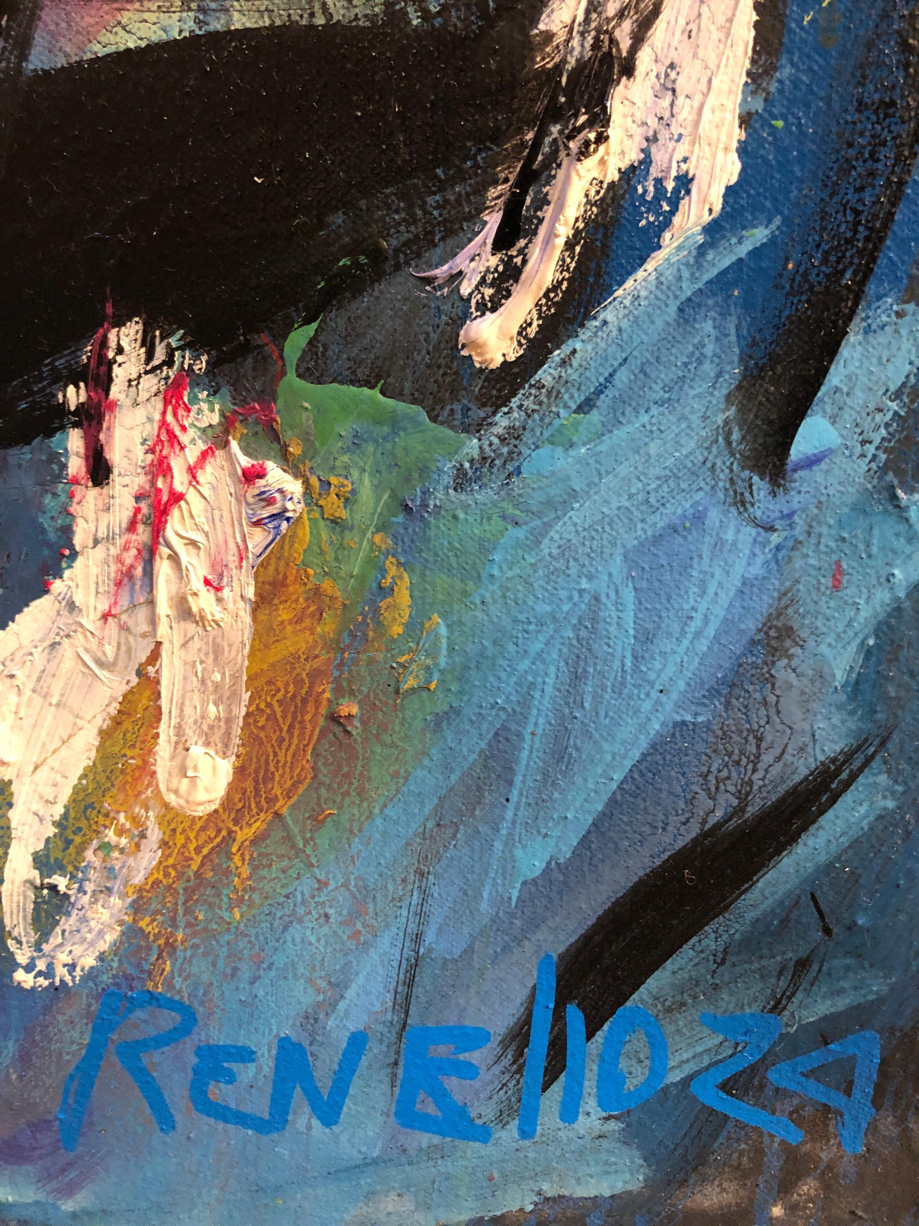Onda Trans-Plant-ter. Pittura ad olio astratta di colore blu e tavolozza scura del surrealismo. - Abstract Painting Nero di Renelio Marin