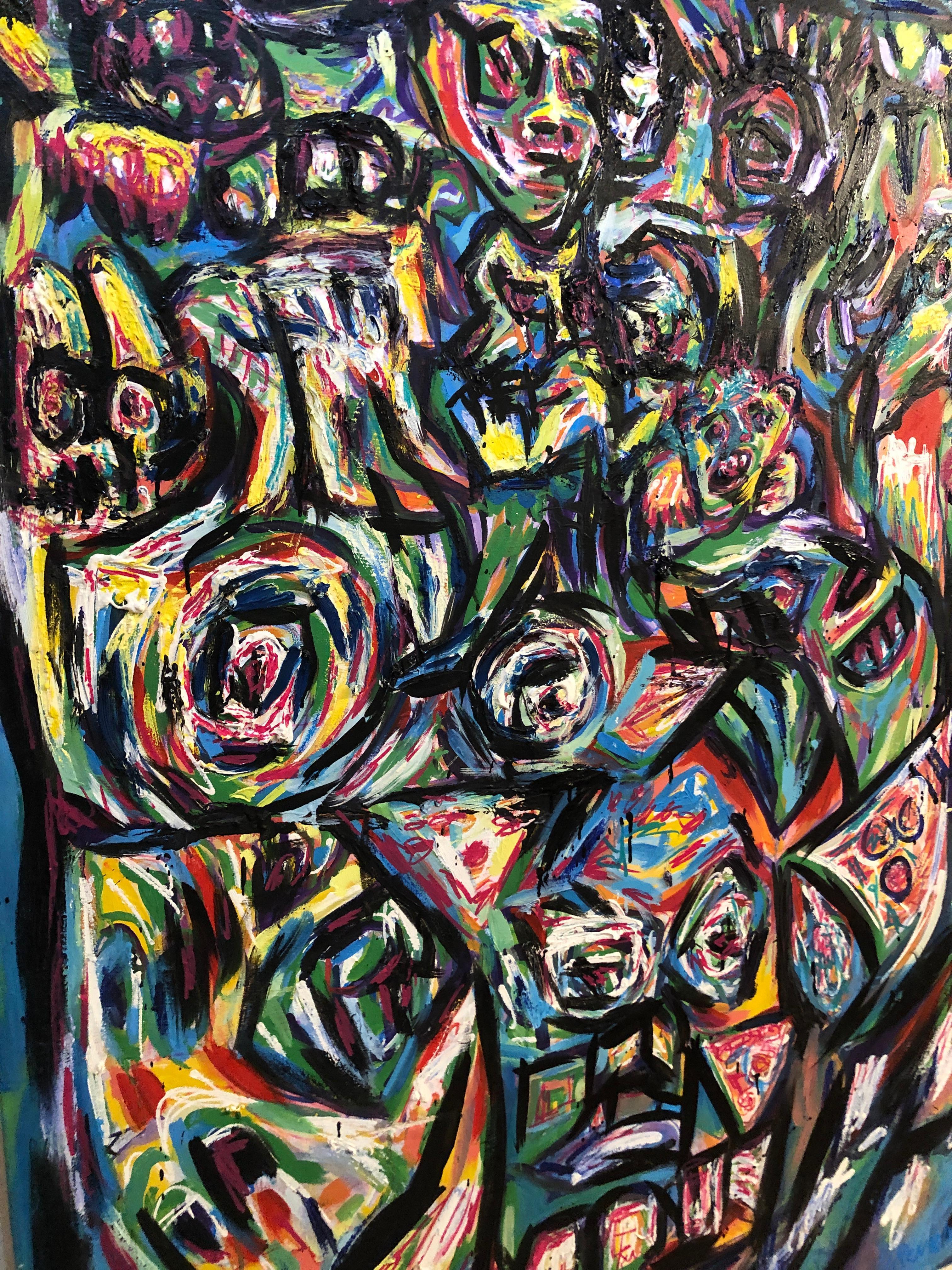 Abstract Painting di Renelio Marin - Onda Trans-Plant-ter. Pittura ad olio astratta di colore blu e tavolozza scura del surrealismo.