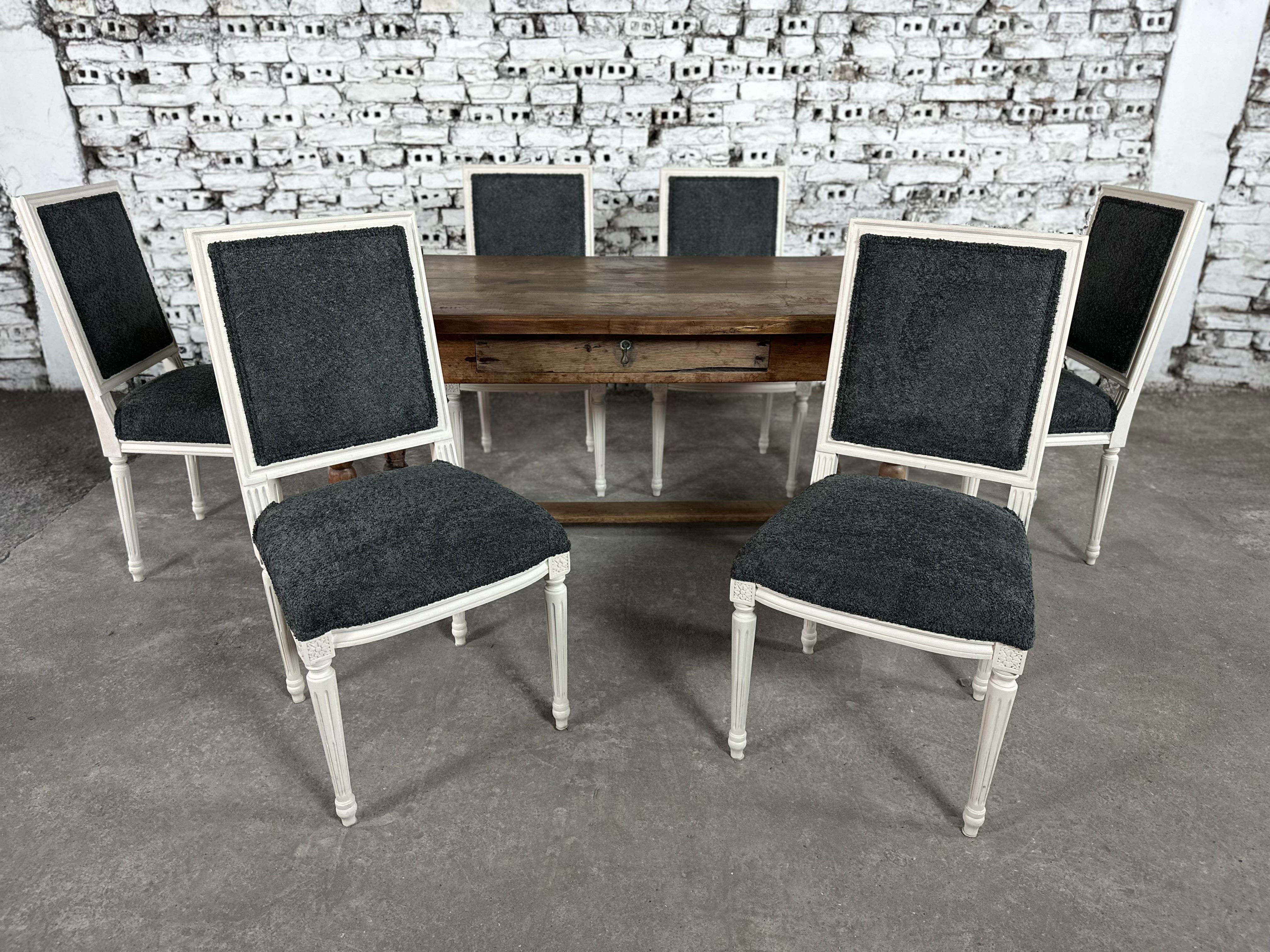 Renewed and Reupholstered French Louis XVI Square Back Dining Chairs - Set of 6 6